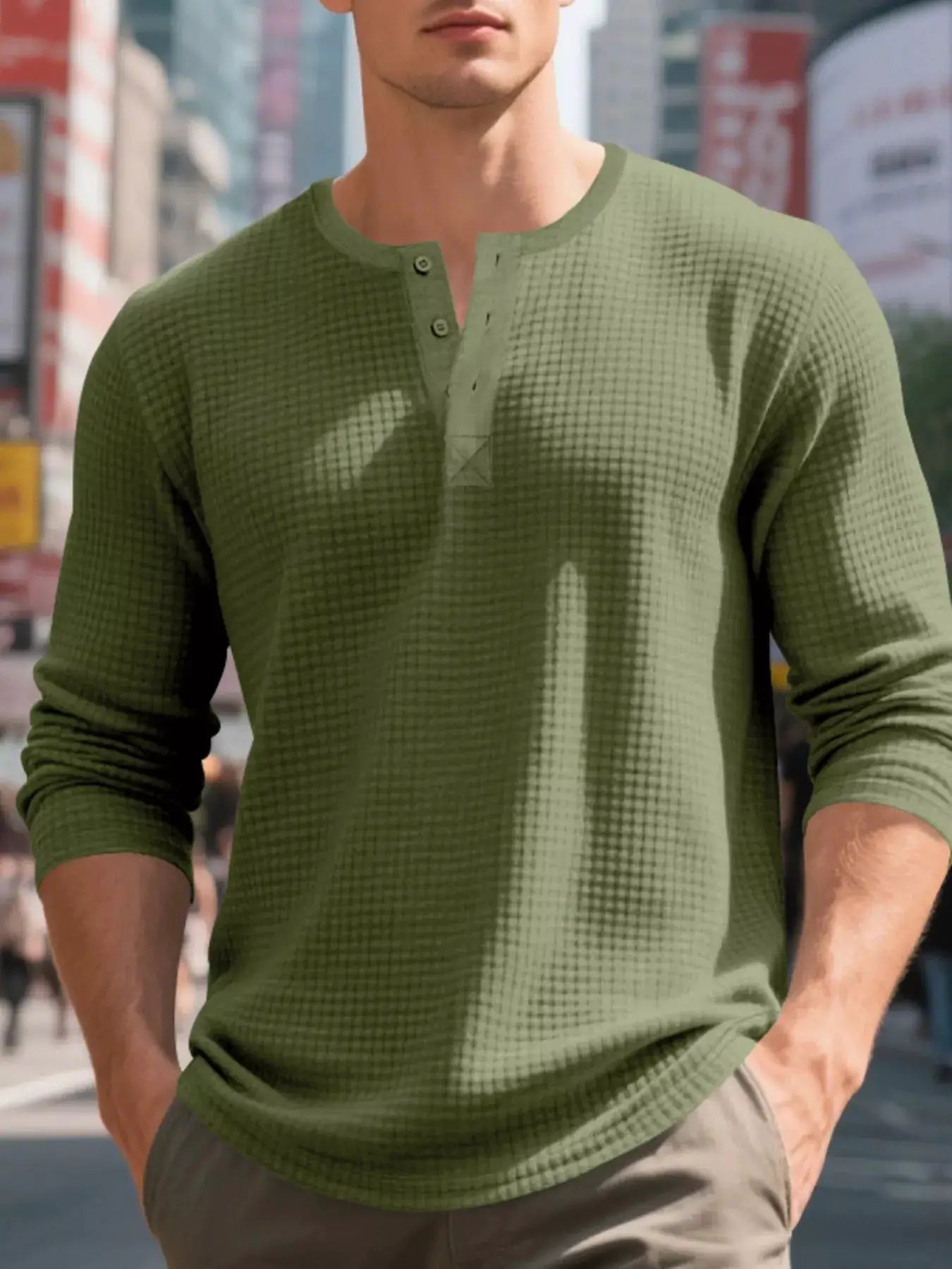 Plus Size Men's Waffle Knit Henley Long Sleeve T Shirt - Fritsch & Co.