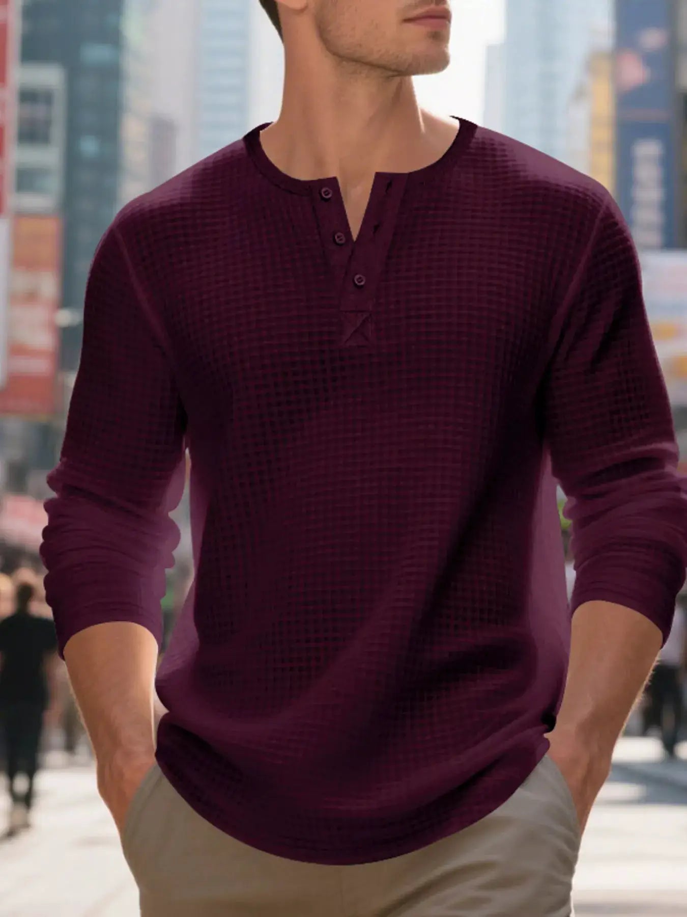 Plus Size Men's Waffle Knit Henley Long Sleeve T Shirt - Fritsch & Co.