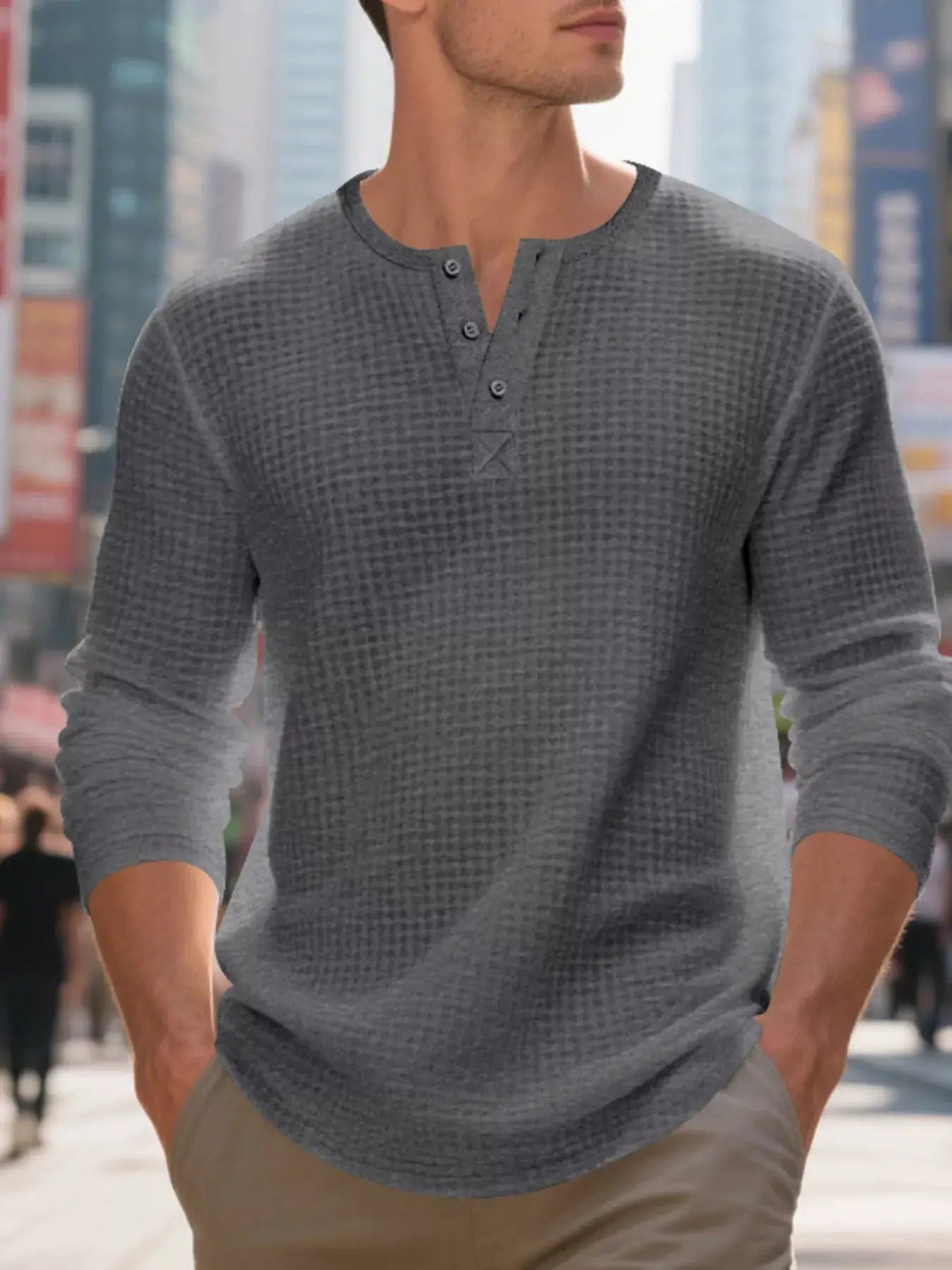 Plus Size Men's Waffle Knit Henley Long Sleeve T Shirt - Fritsch & Co.