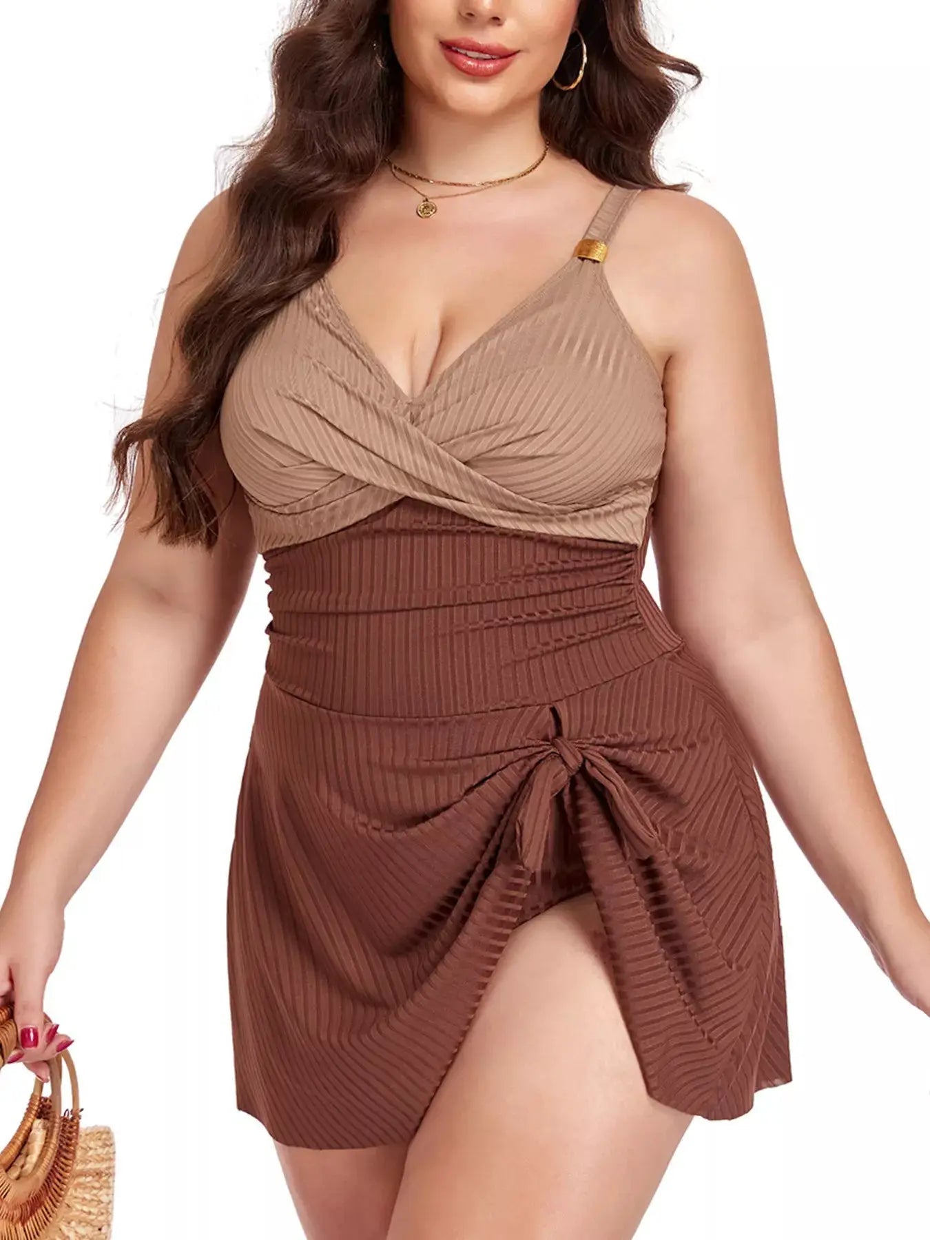 Plus Size Ruched Two Tone One Piece Swim Dress With Removable Padding - Fritsch & Co.
