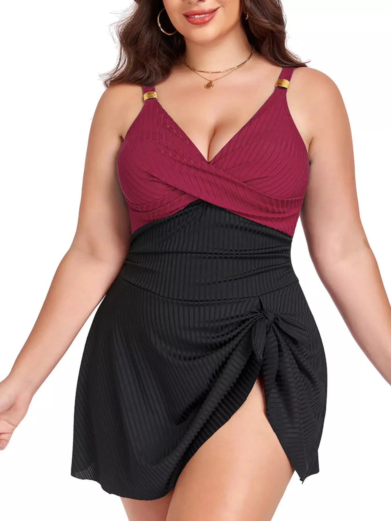 Plus Size Ruched Two Tone One Piece Swim Dress With Removable Padding - Fritsch & Co.
