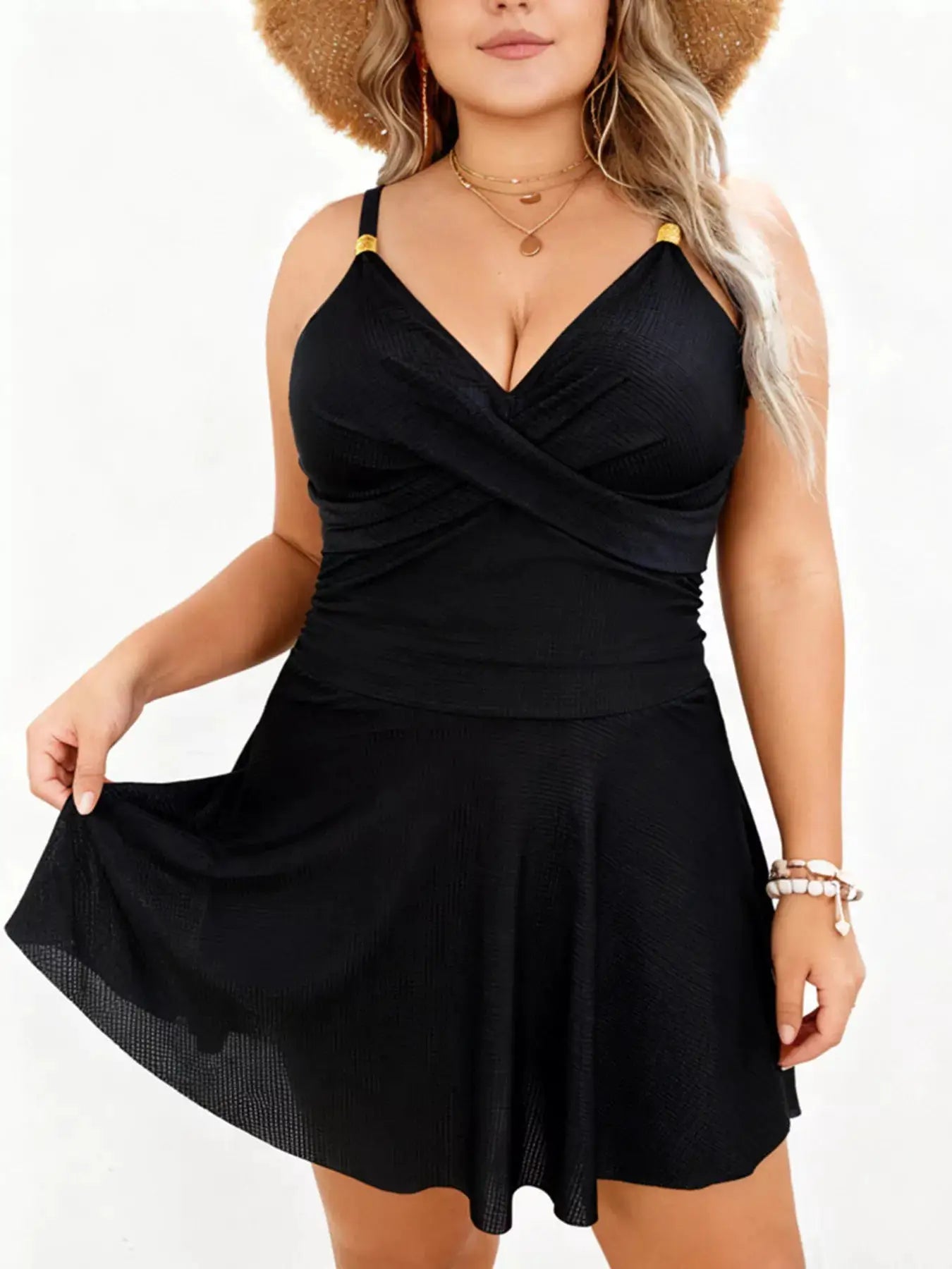 Plus Size Ruched Two Tone One Piece Swim Dress With Removable Padding - Fritsch & Co.