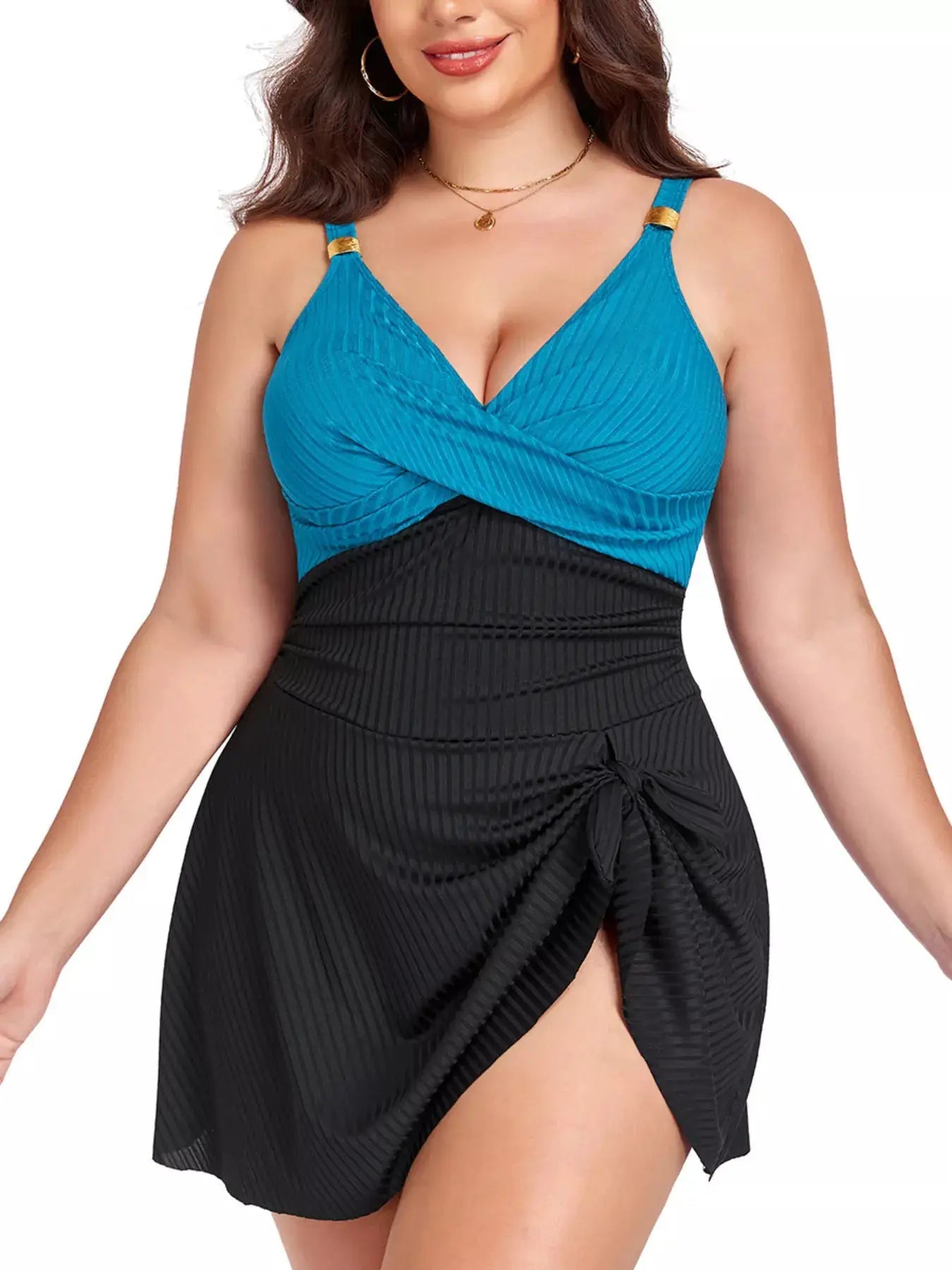 Plus Size Ruched Two Tone One Piece Swim Dress With Removable Padding - Fritsch & Co.