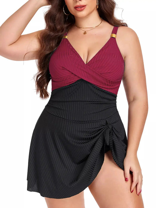 Plus Size Ruched Two Tone One Piece Swim Dress With Removable Padding - Fritsch & Co.