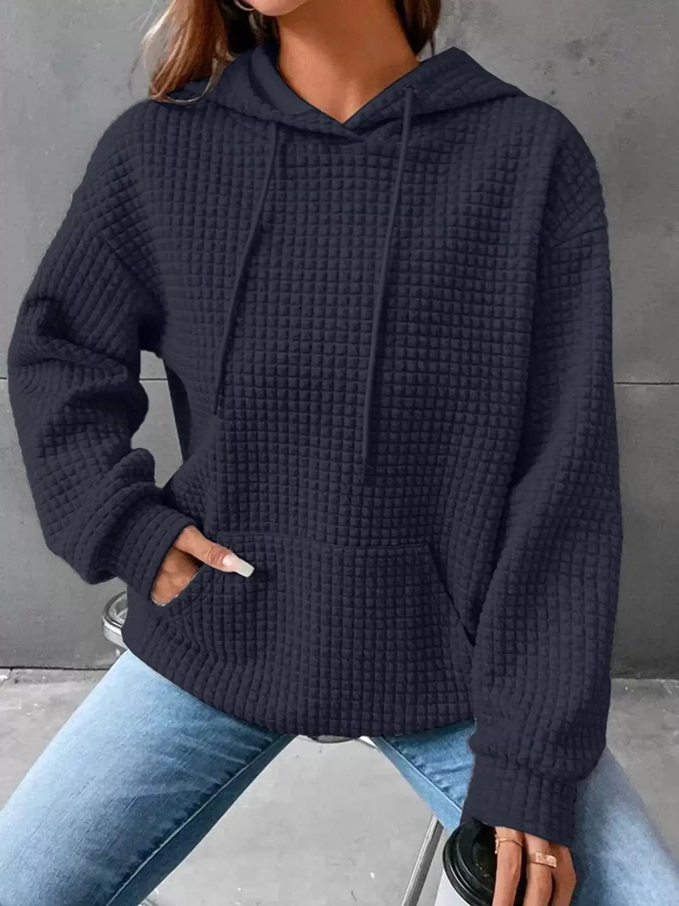Plus Size Textured Kangaroo Pocket Hoodie Sweatshirt - Fritsch & Co.