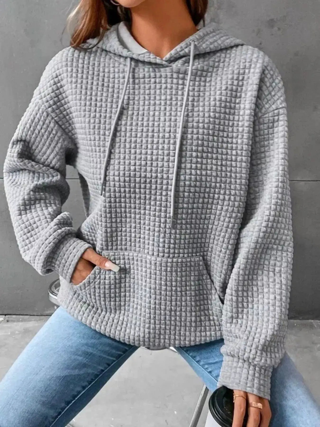 Plus Size Textured Kangaroo Pocket Hoodie Sweatshirt - Fritsch & Co.