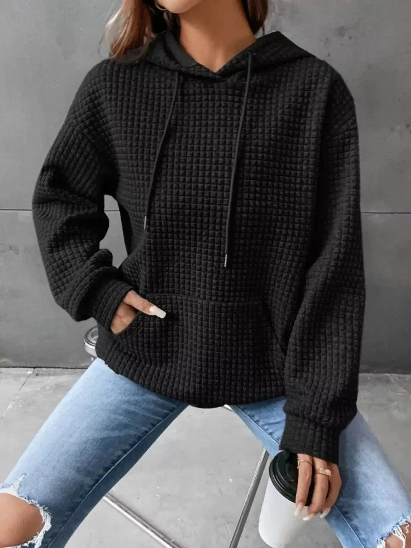 Plus Size Textured Kangaroo Pocket Hoodie Sweatshirt - Fritsch & Co.