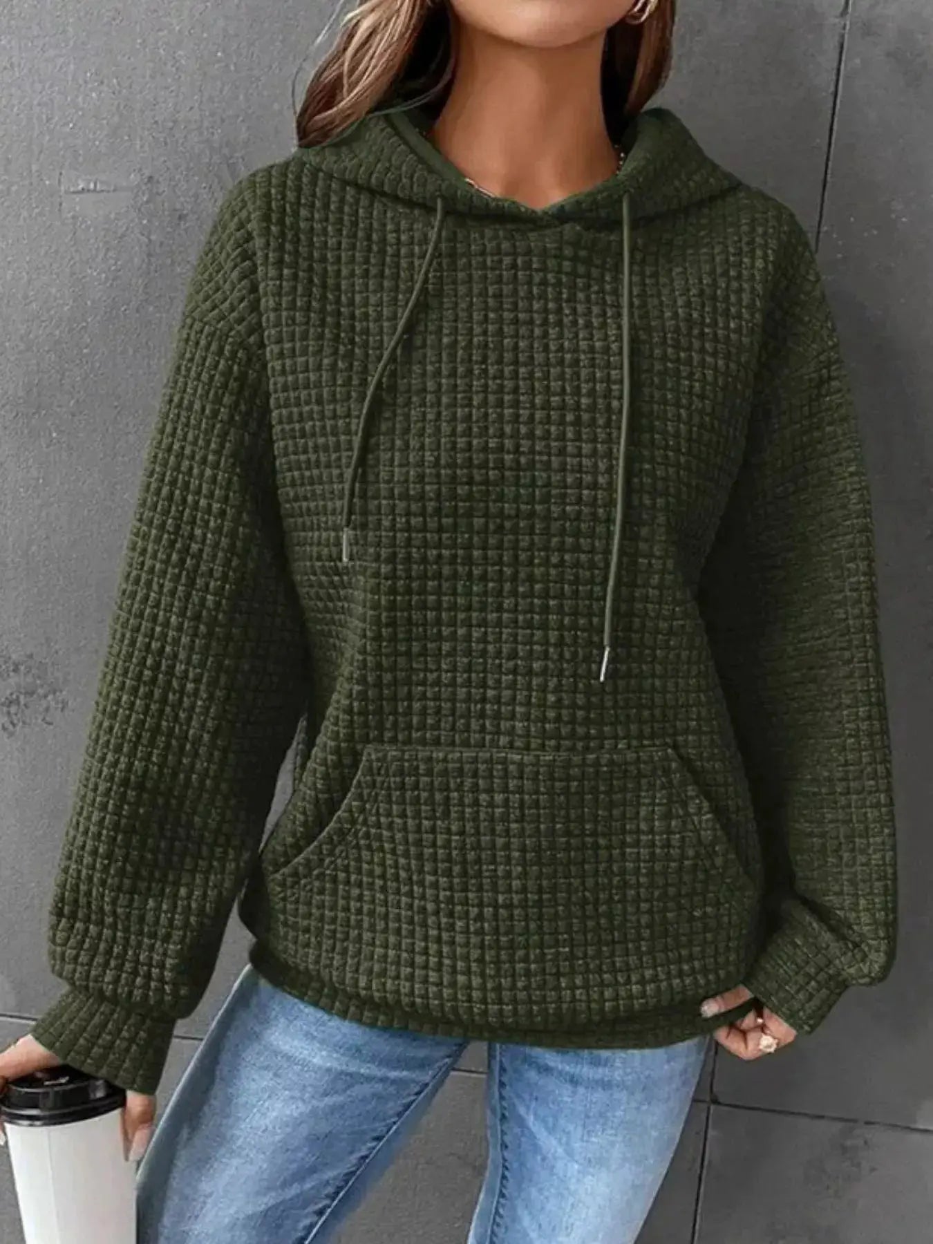 Plus Size Textured Kangaroo Pocket Hoodie Sweatshirt - Fritsch & Co.