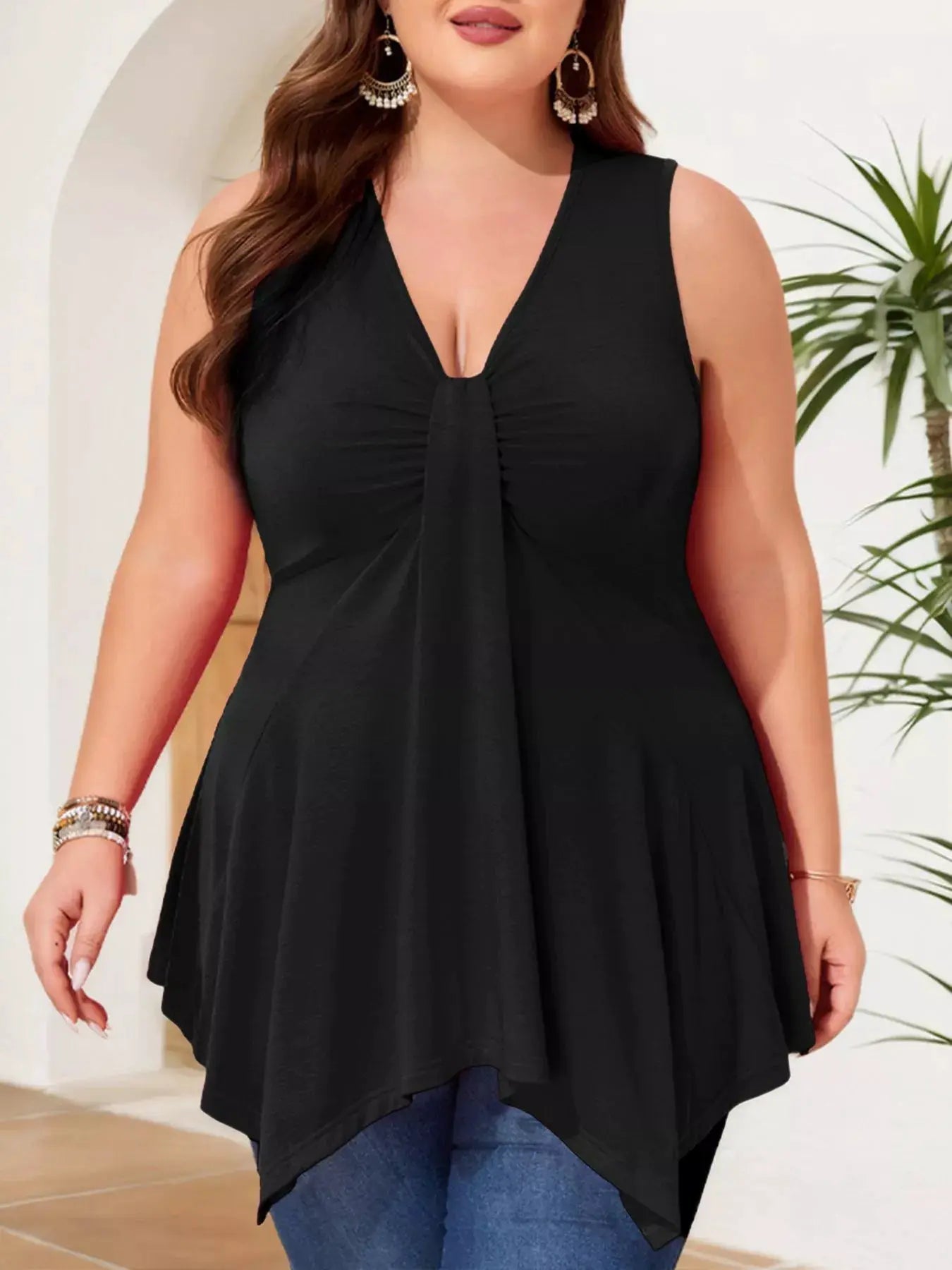 Plus Size V Neck Ruched Flowy Tank Top For Curves Everyday Comfort - Fritsch & Co.