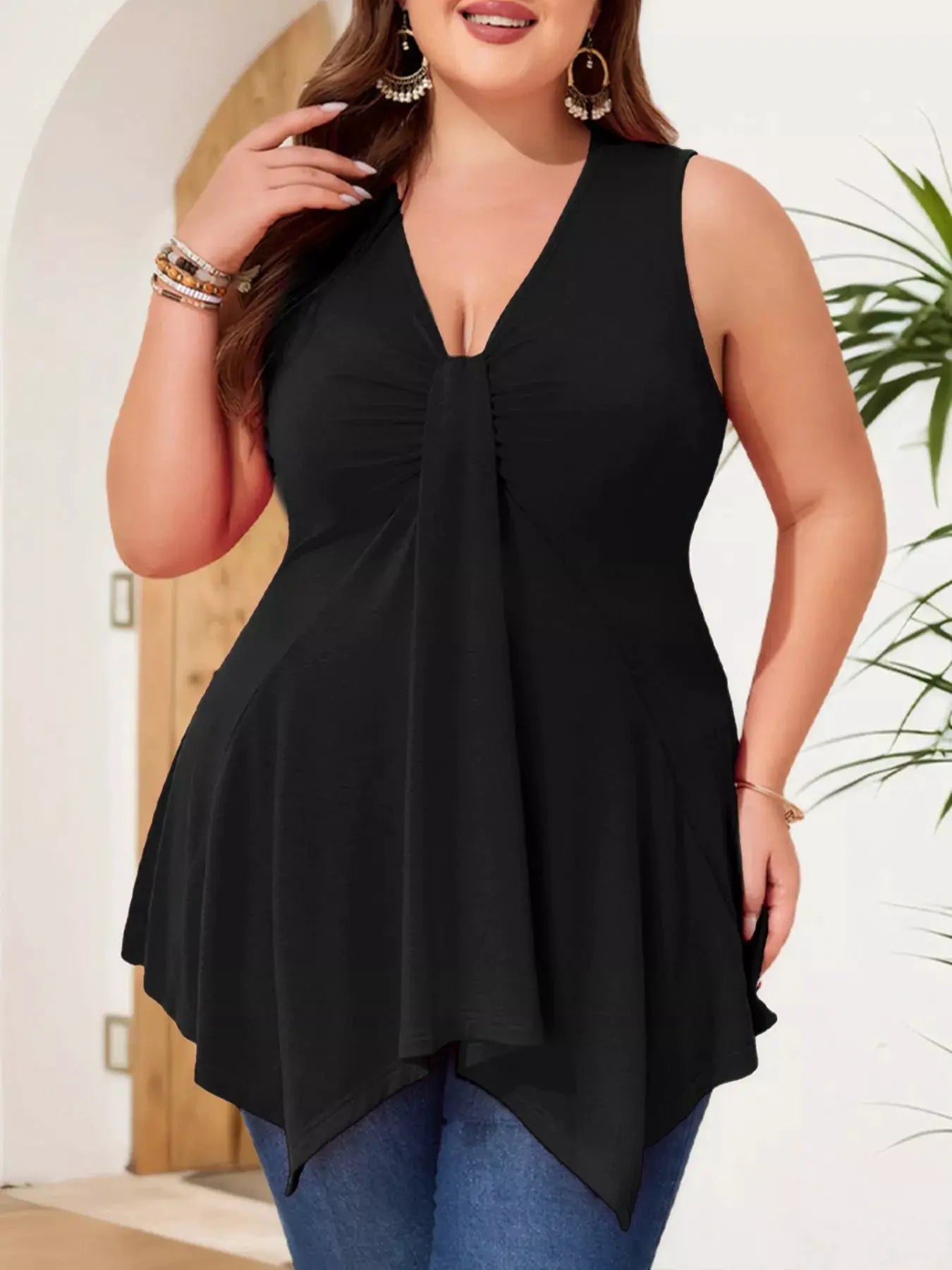 Plus Size V Neck Ruched Flowy Tank Top For Curves Everyday Comfort - Fritsch & Co.