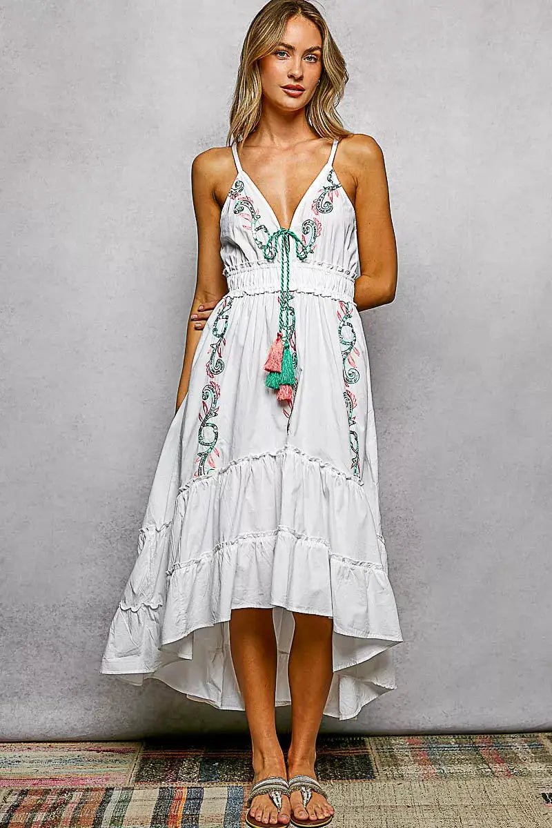 POL Embroidered Detail Tassel Tie Smocked Waist Midi Tiered Cami Dress - Fritsch & Co.