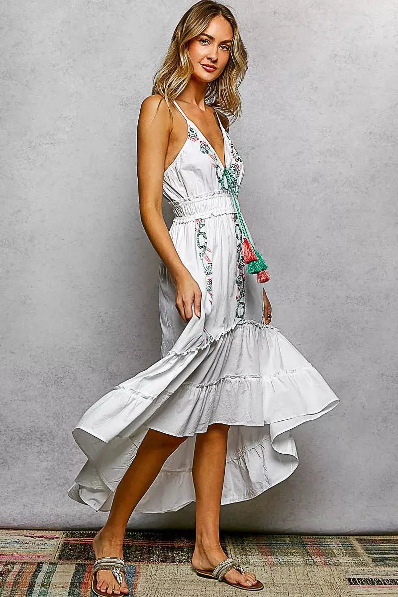 POL Embroidered Detail Tassel Tie Smocked Waist Midi Tiered Cami Dress - Fritsch & Co.