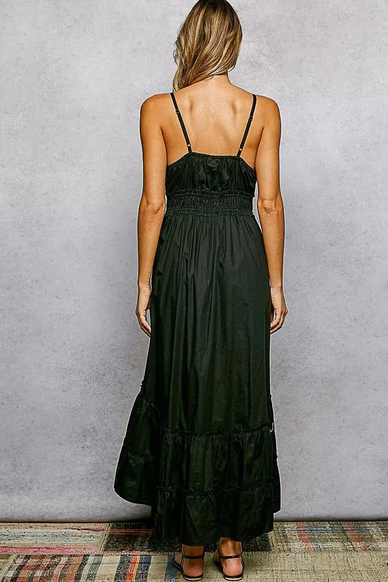 POL Embroidered Detail Tassel Tie Smocked Waist Midi Tiered Cami Dress - Fritsch & Co.
