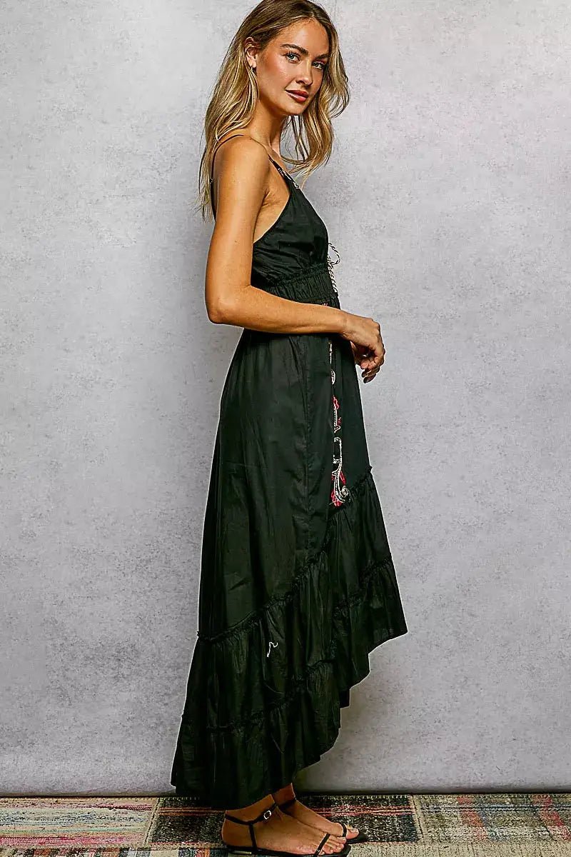 POL Embroidered Detail Tassel Tie Smocked Waist Midi Tiered Cami Dress - Fritsch & Co.