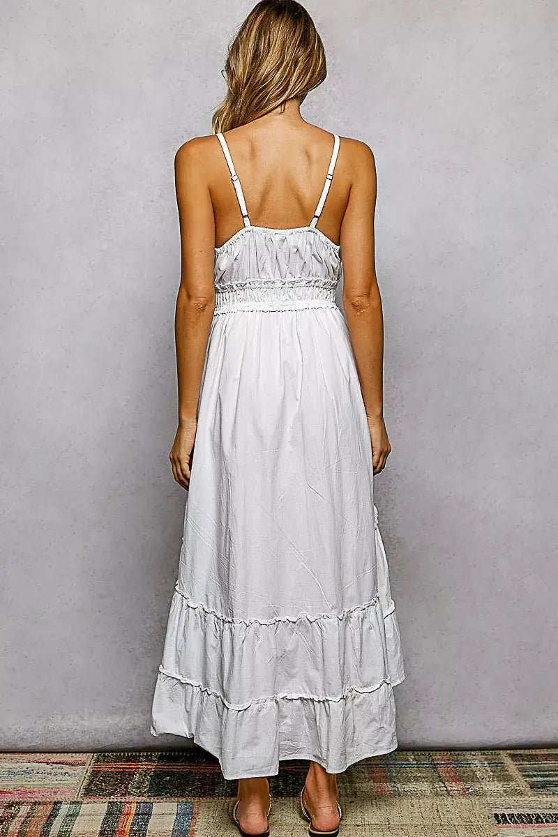 POL Embroidered Detail Tassel Tie Smocked Waist Midi Tiered Cami Dress - Fritsch & Co.