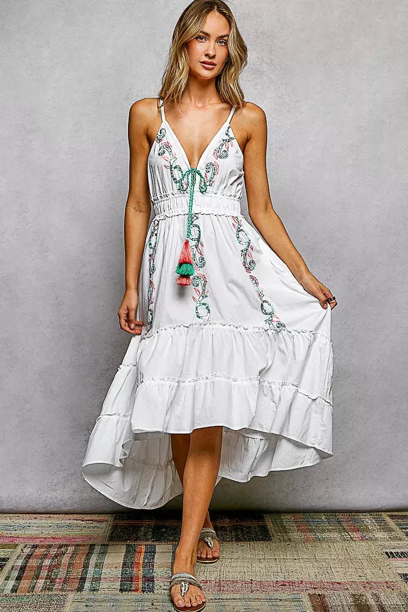 POL Embroidered Detail Tassel Tie Smocked Waist Midi Tiered Cami Dress - Fritsch & Co.