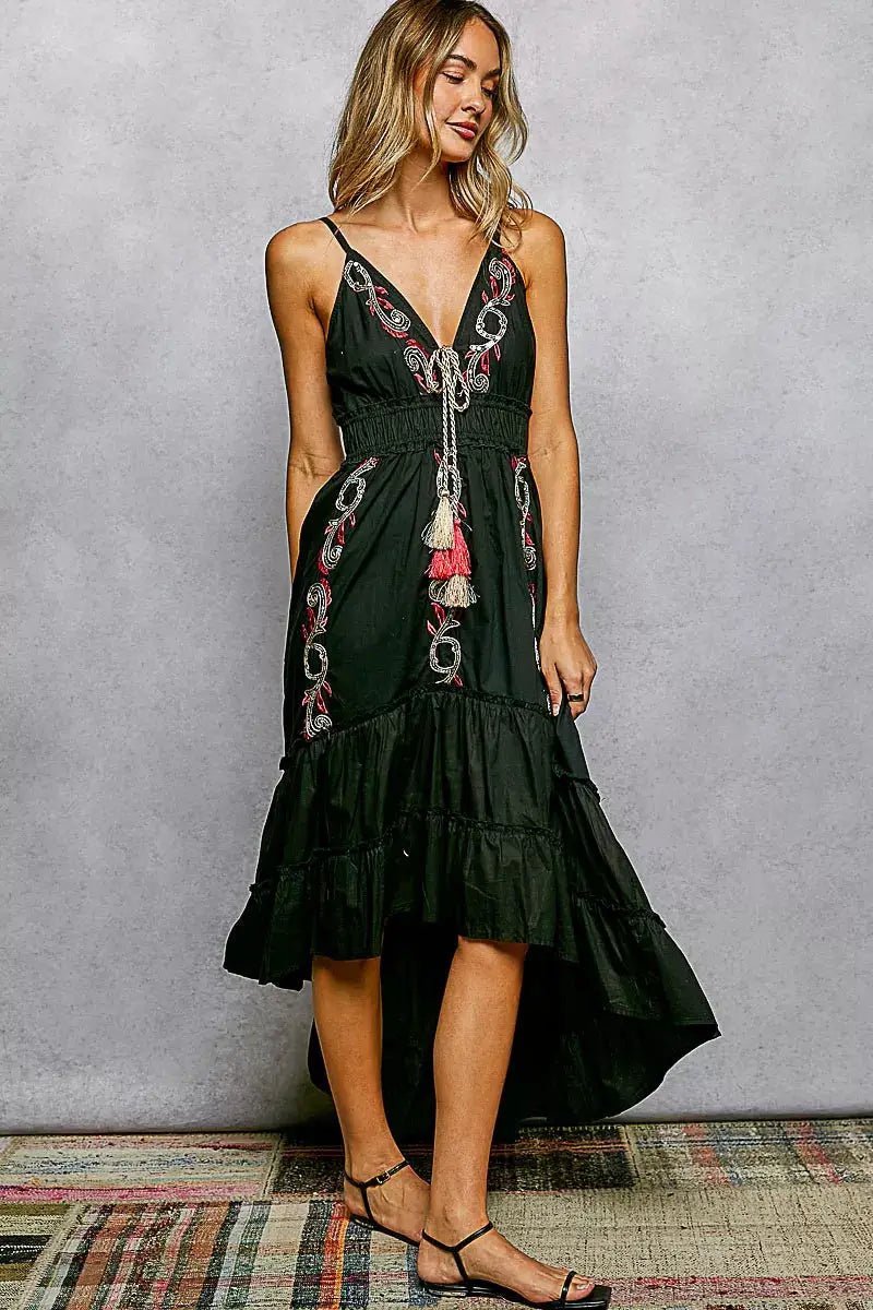 POL Embroidered Detail Tassel Tie Smocked Waist Midi Tiered Cami Dress - Fritsch & Co.