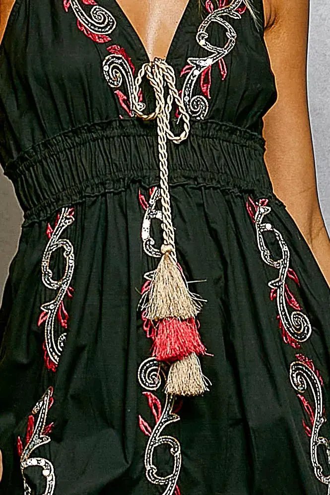 POL Embroidered Detail Tassel Tie Smocked Waist Midi Tiered Cami Dress - Fritsch & Co.
