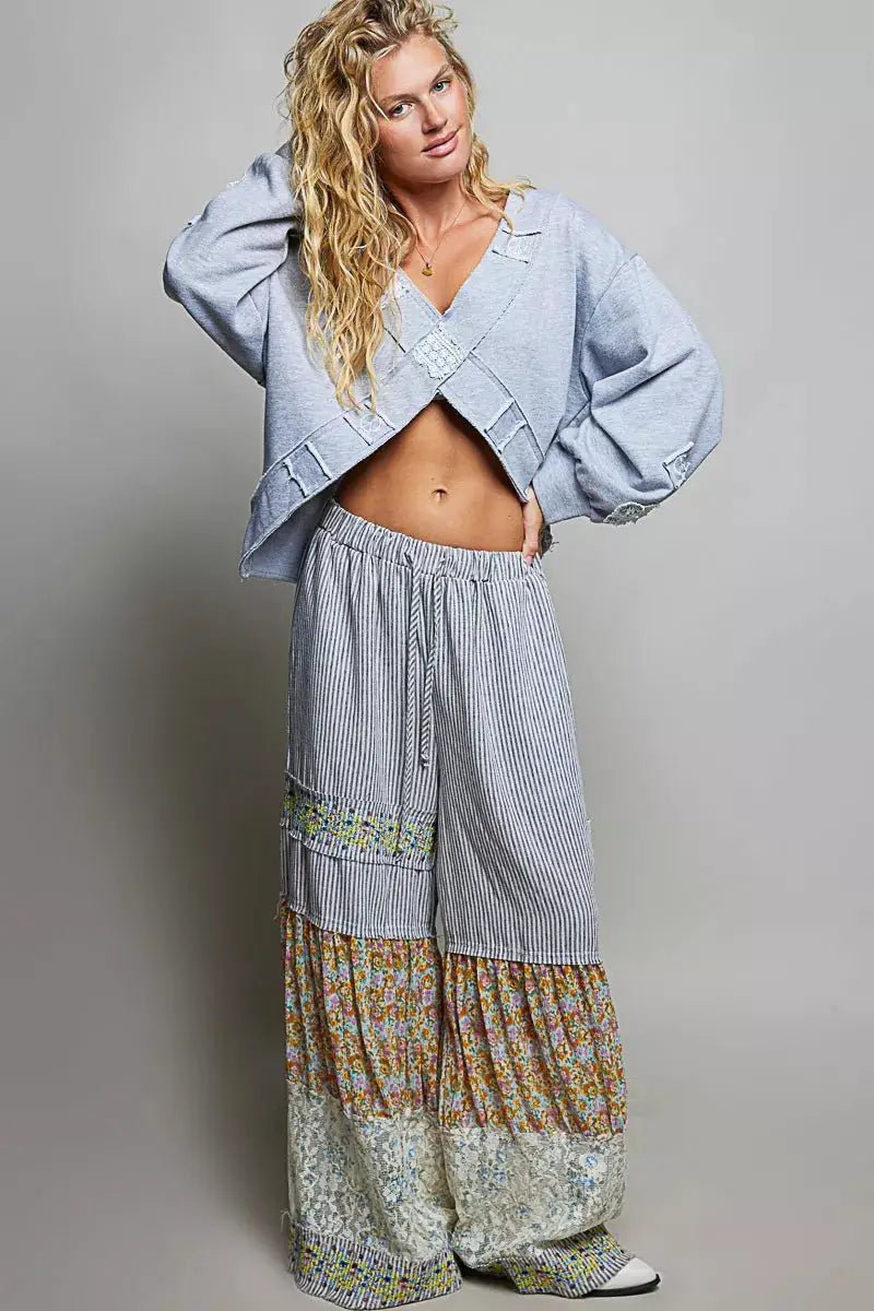 POL Exposed Outseam Crochet Patch V Neck Sweatshirt with Open Wrap Design - Fritsch & Co.