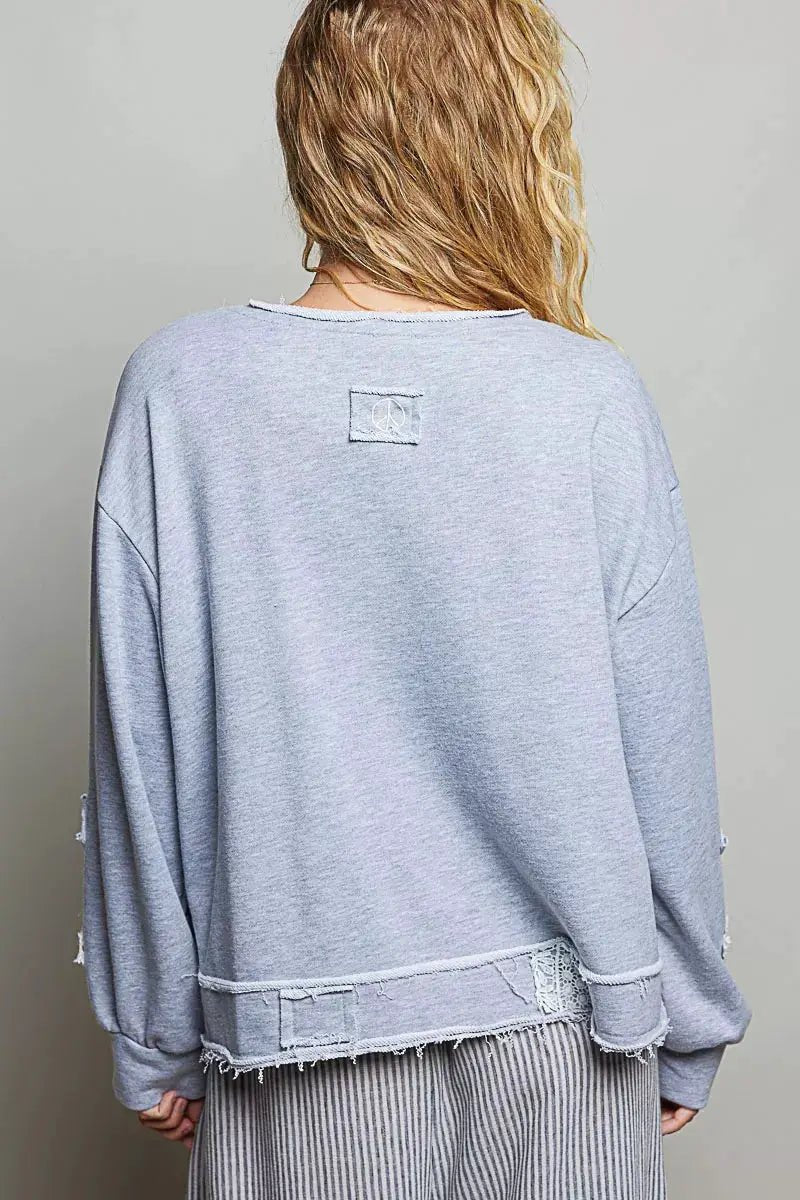 POL Exposed Outseam Crochet Patch V Neck Sweatshirt with Open Wrap Design - Fritsch & Co.