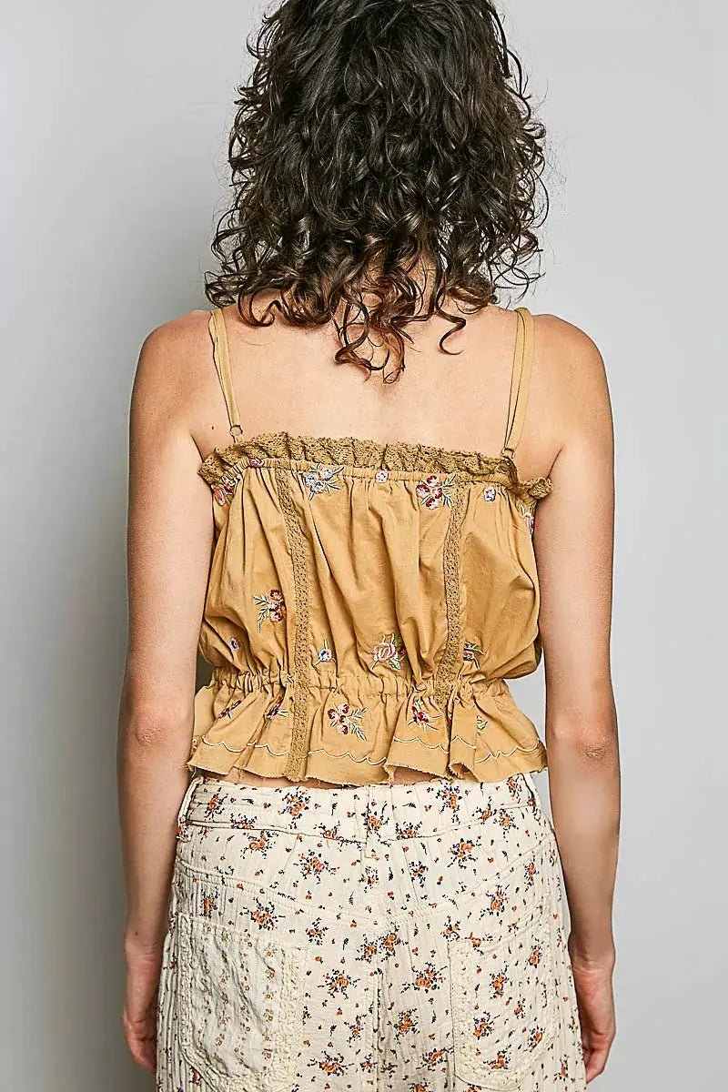 POL Floral Embroidered Cropped Camisole With Button Front And Lace Trim - Fritsch & Co.