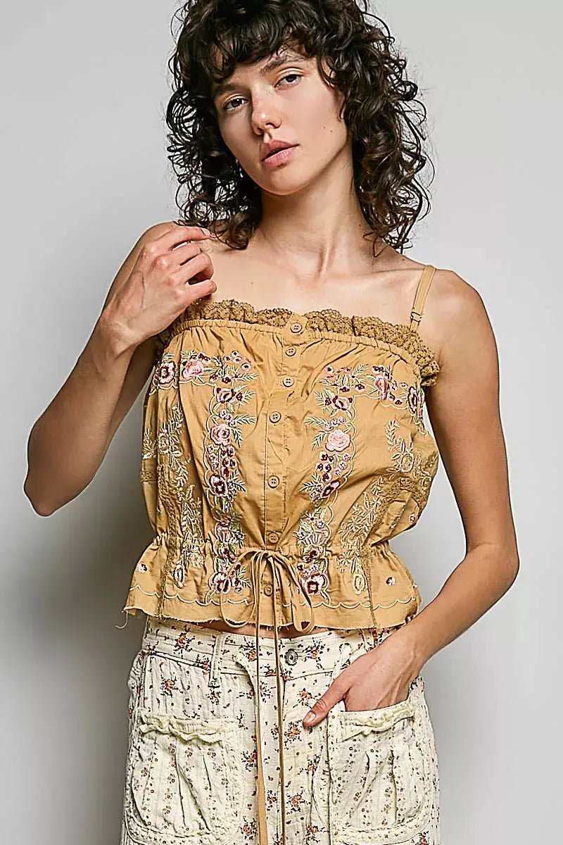 POL Floral Embroidered Cropped Camisole With Button Front And Lace Trim - Fritsch & Co.