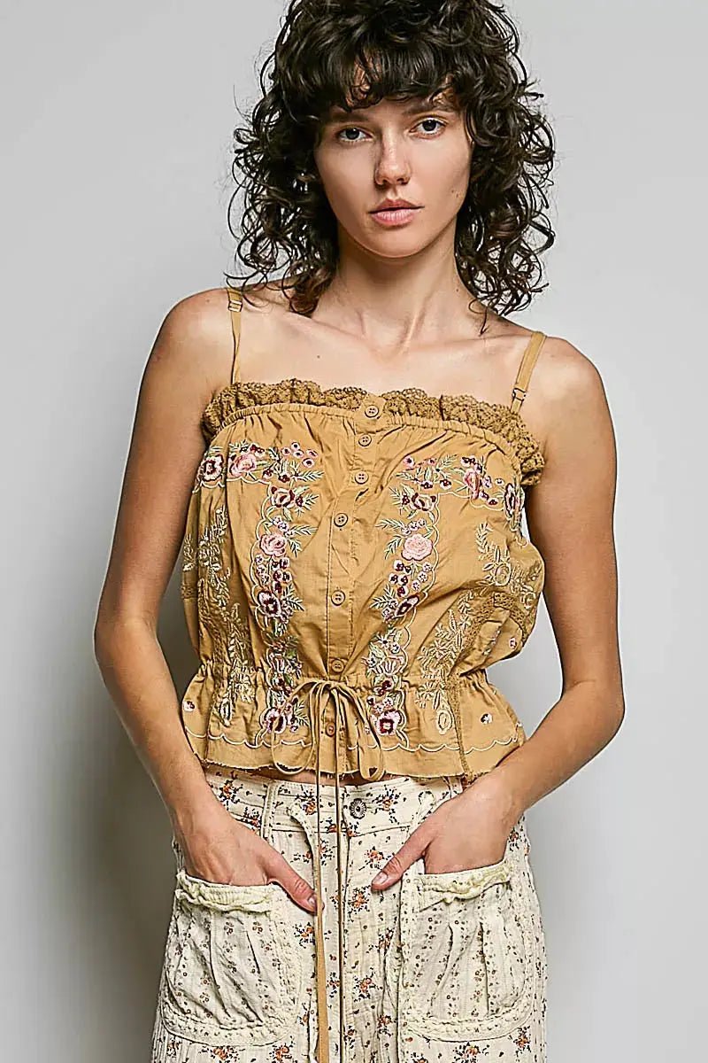 POL Floral Embroidered Cropped Camisole With Button Front And Lace Trim - Fritsch & Co.