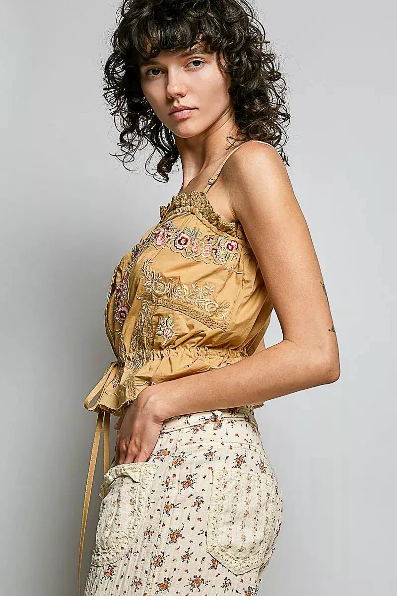 POL Floral Embroidered Cropped Camisole With Button Front And Lace Trim - Fritsch & Co.