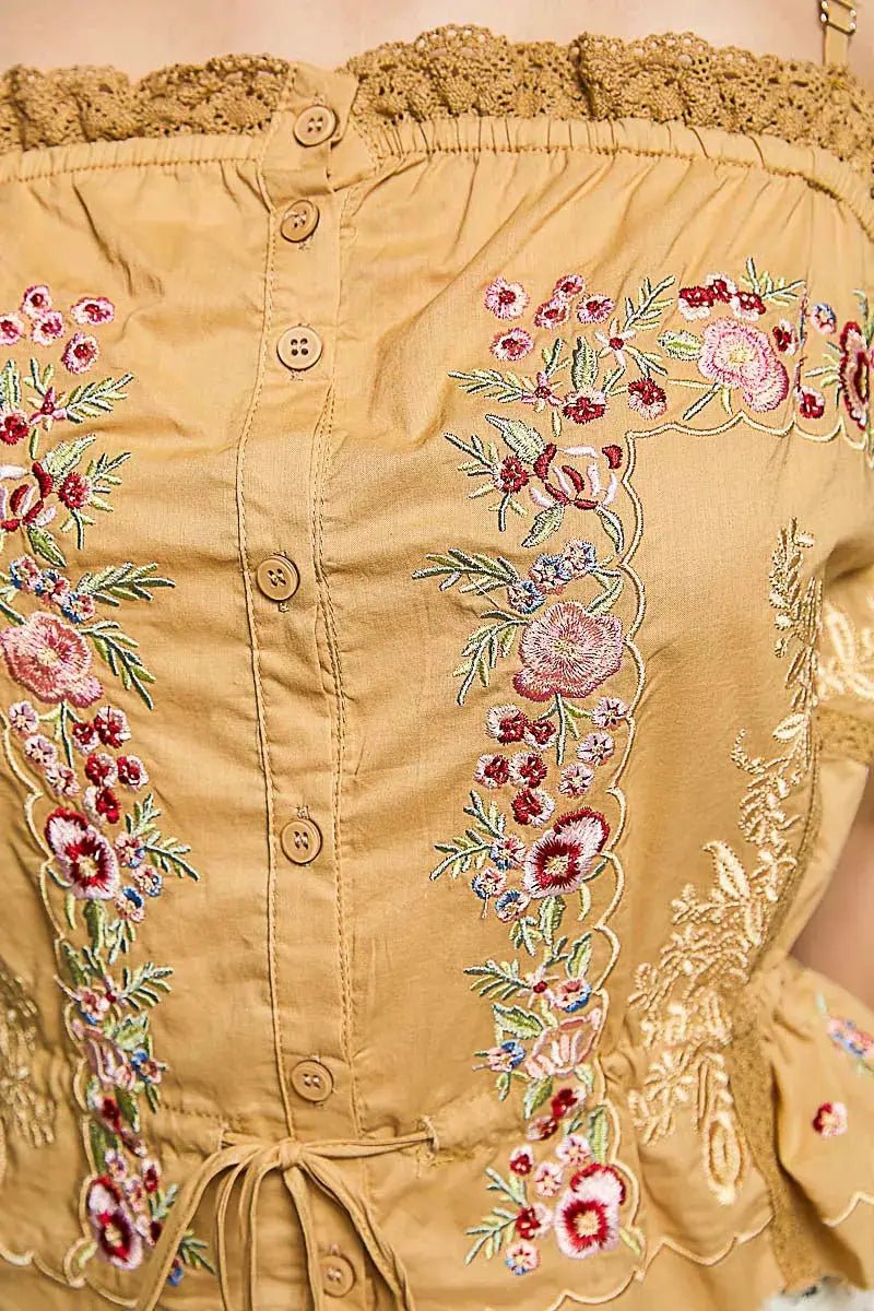 POL Floral Embroidered Cropped Camisole With Button Front And Lace Trim - Fritsch & Co.
