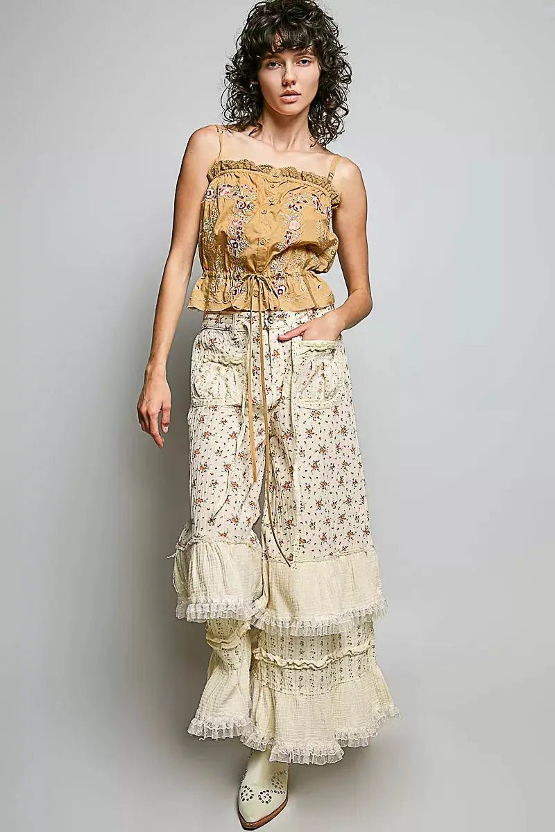 POL Floral Embroidered Cropped Camisole With Button Front And Lace Trim - Fritsch & Co.