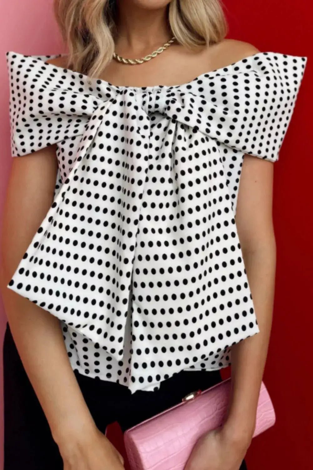 Polka Dot Off Shoulder Bow Knot Short Sleeve Blouse - Fritsch & Co.