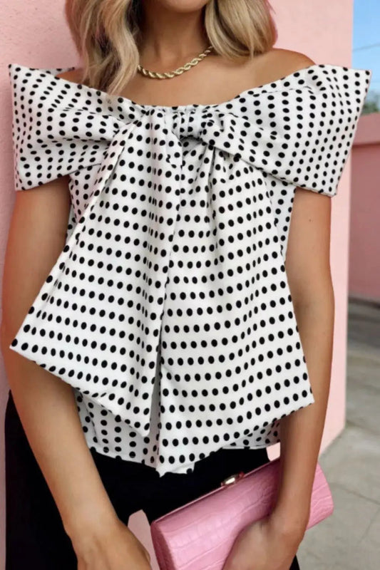 Polka Dot Off Shoulder Bow Knot Short Sleeve Blouse - Fritsch & Co.