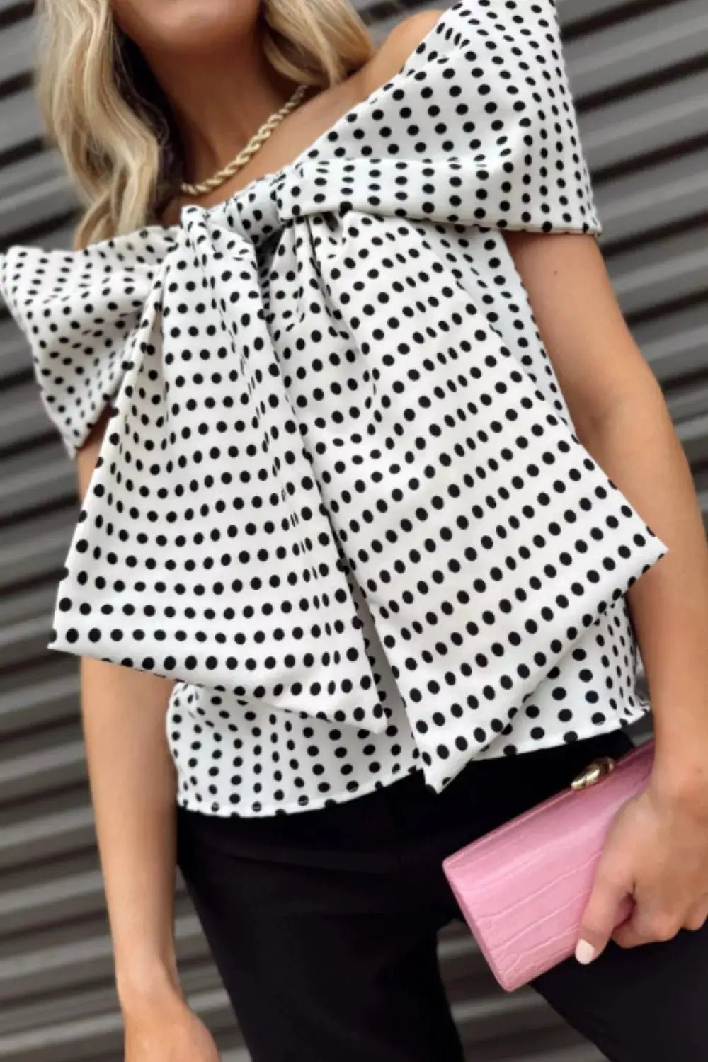 Polka Dot Off Shoulder Bow Knot Short Sleeve Blouse - Fritsch & Co.