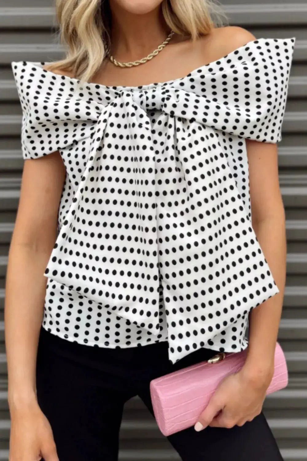 Polka Dot Off Shoulder Bow Knot Short Sleeve Blouse - Fritsch & Co.