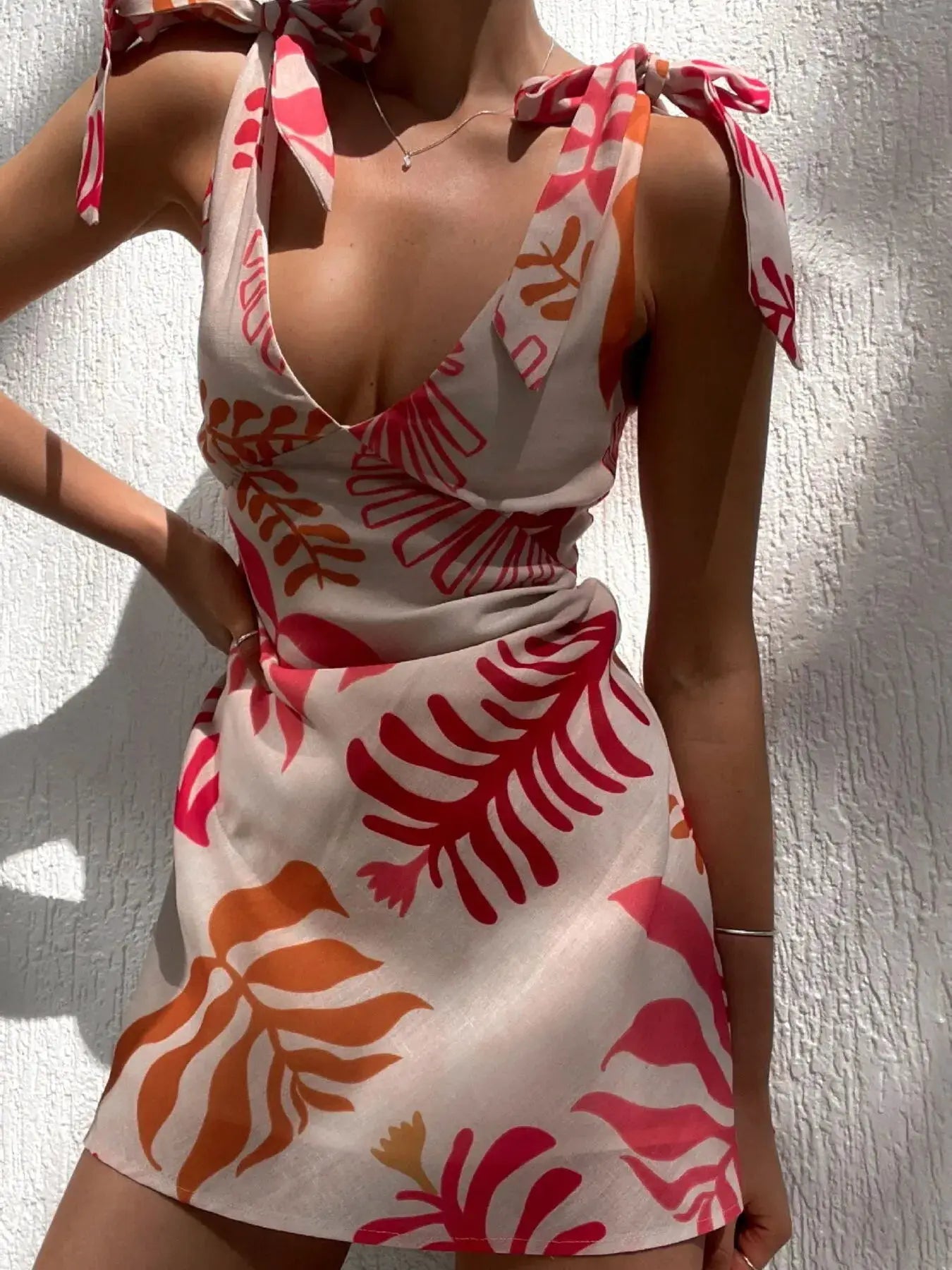 Printed Hibiscus Tie Shoulder Mini Dress For Summer Events - Fritsch & Co.