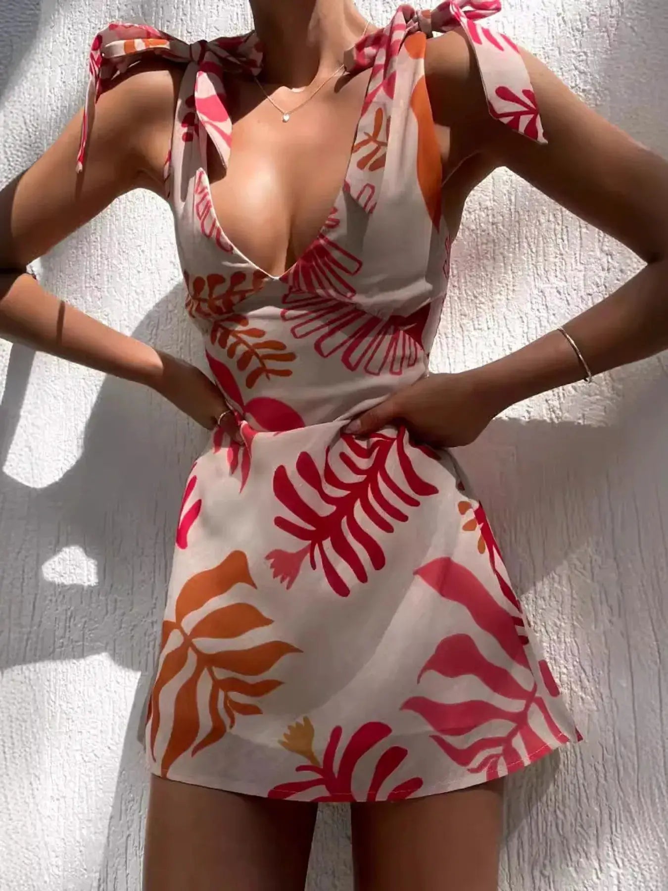Printed Hibiscus Tie Shoulder Mini Dress For Summer Events - Fritsch & Co.