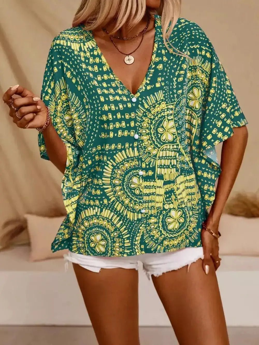 Printed V - Neck Half Sleeve Top - Fritsch & Co.