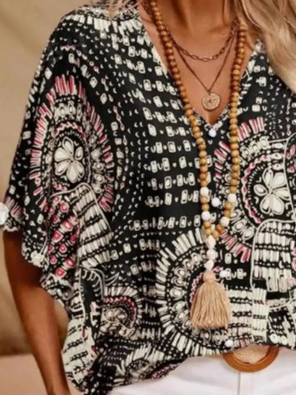 Printed V - Neck Half Sleeve Top - Fritsch & Co.