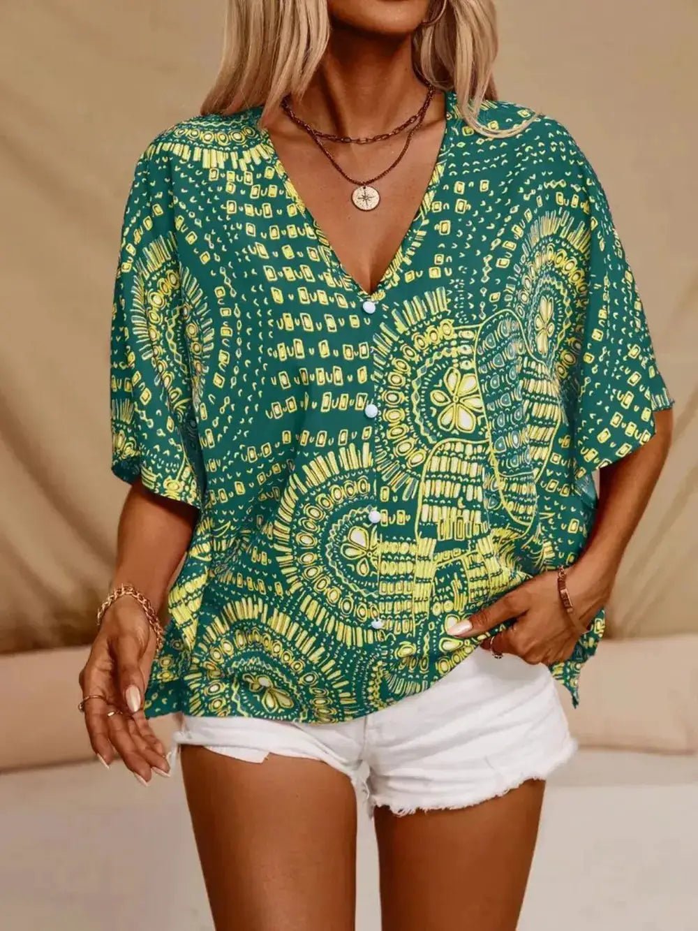 Printed V - Neck Half Sleeve Top - Fritsch & Co.