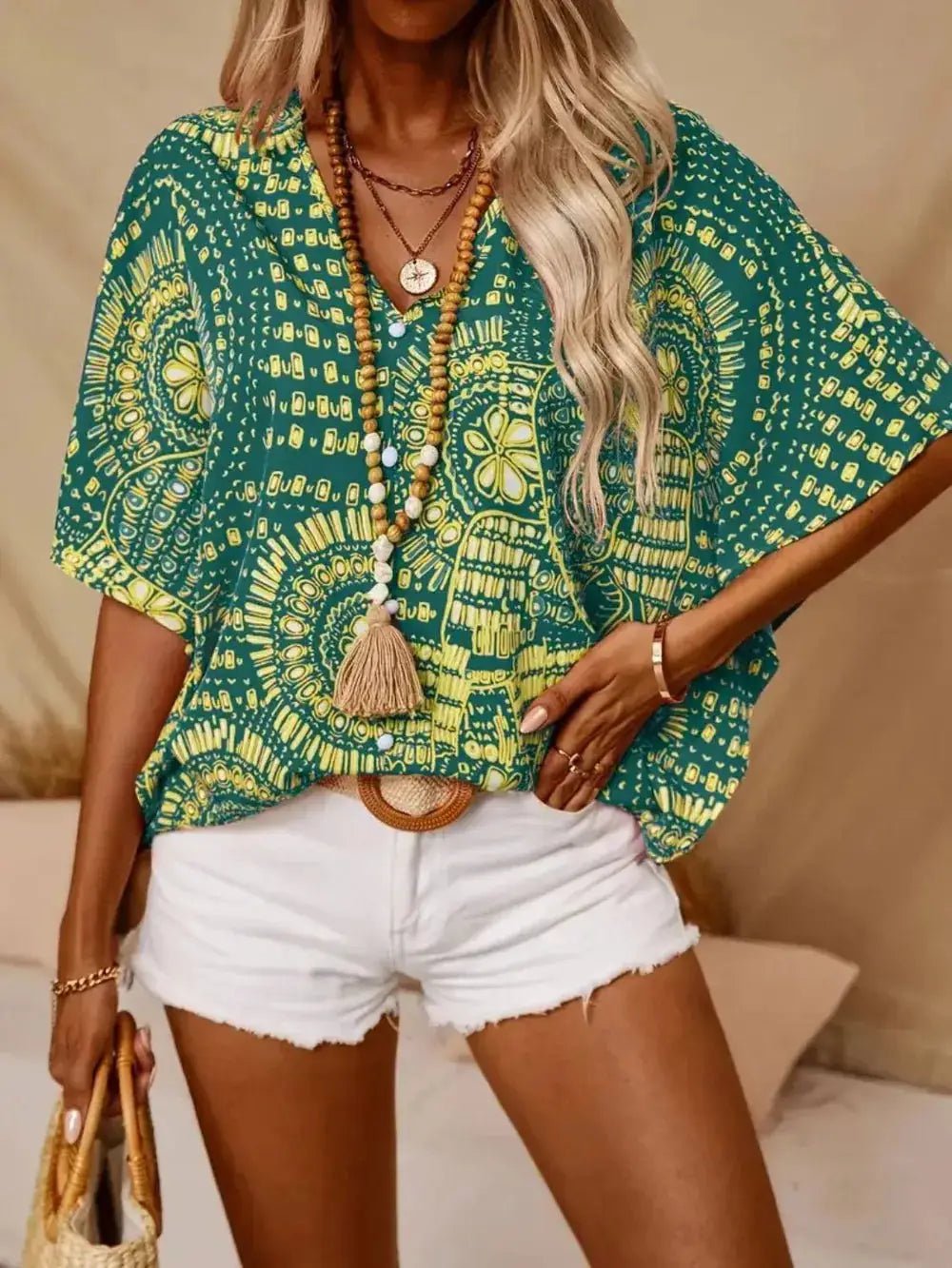 Printed V - Neck Half Sleeve Top - Fritsch & Co.