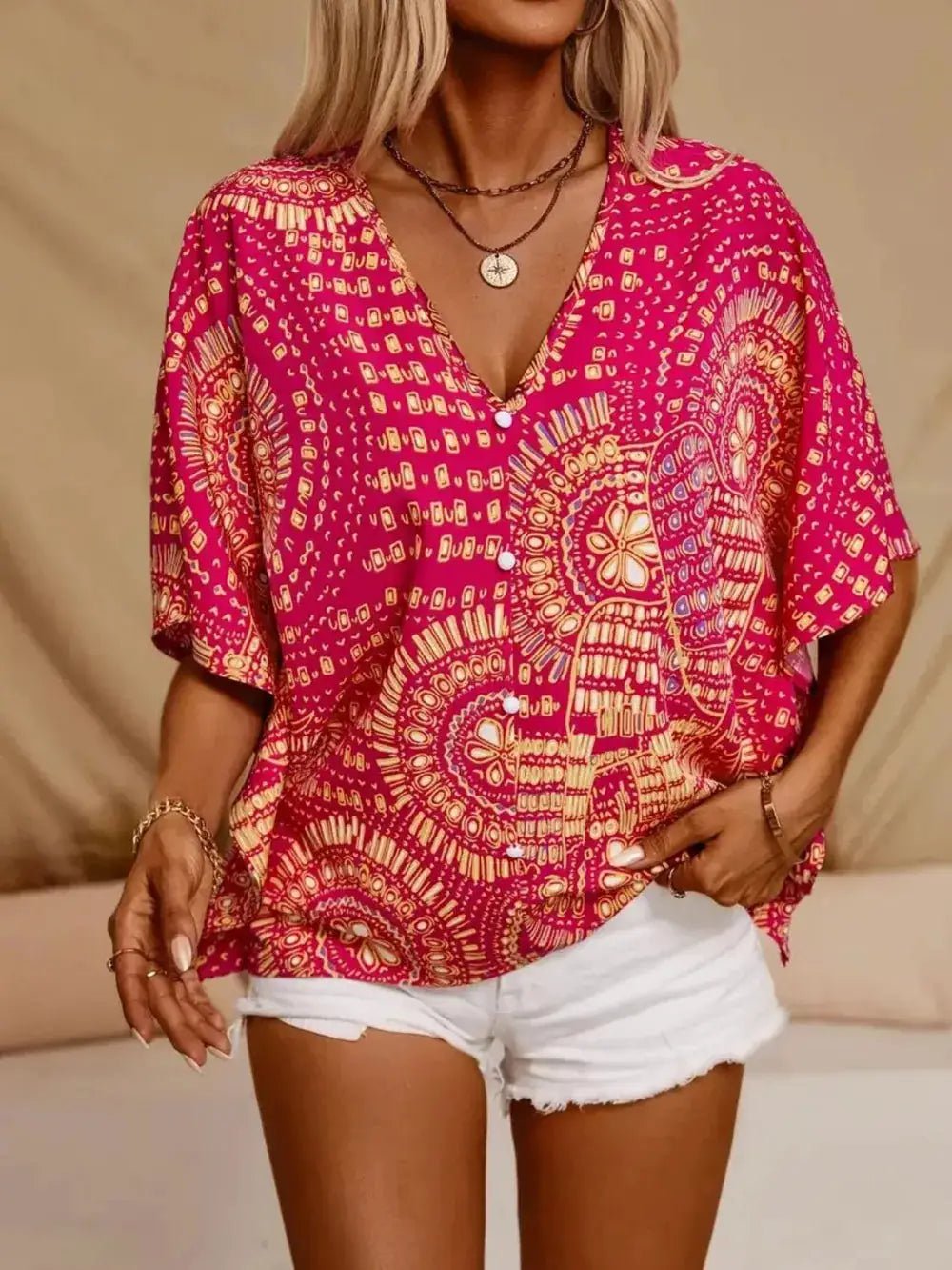Printed V - Neck Half Sleeve Top - Fritsch & Co.