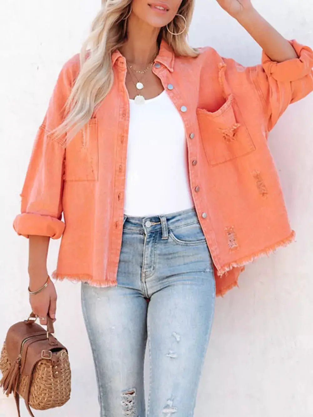 Raw Hem Denim Shacket Button Up With Distressed Details And Pockets - Fritsch & Co.