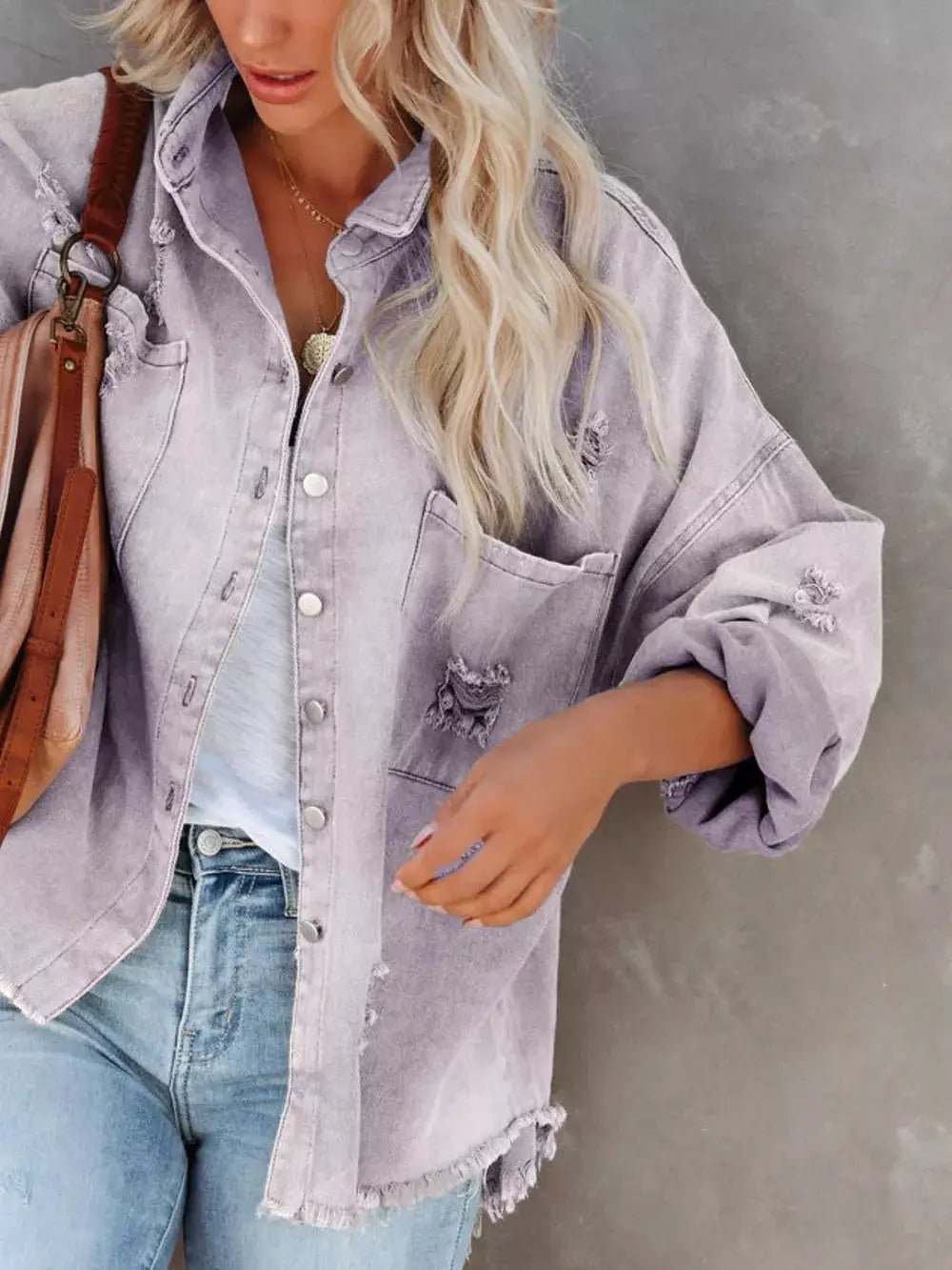 Raw Hem Denim Shacket Button Up With Distressed Details And Pockets - Fritsch & Co.