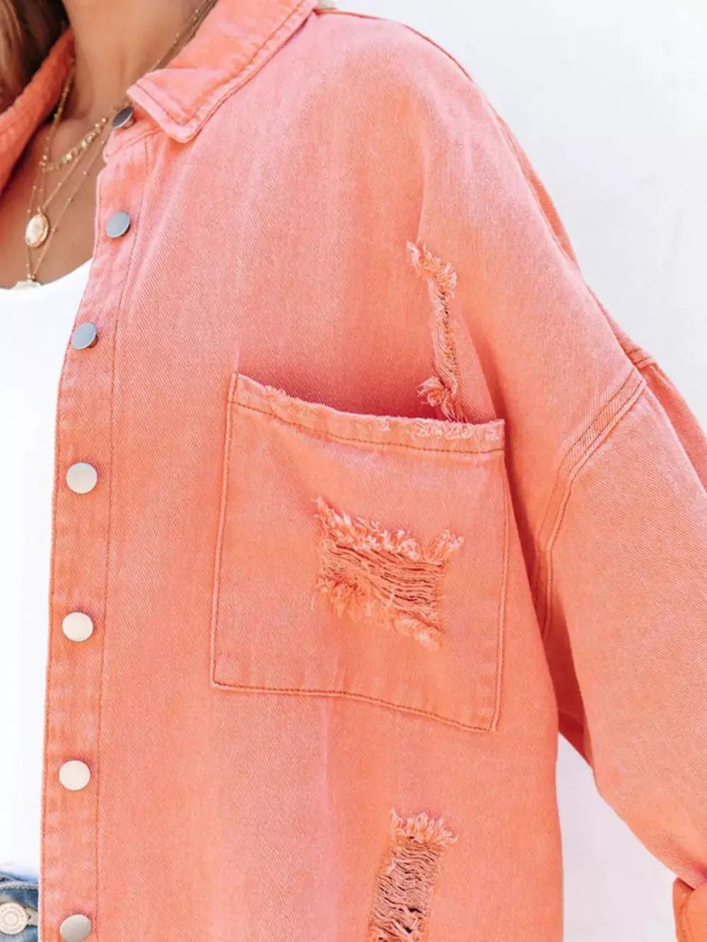 Raw Hem Denim Shacket Button Up With Distressed Details And Pockets - Fritsch & Co.