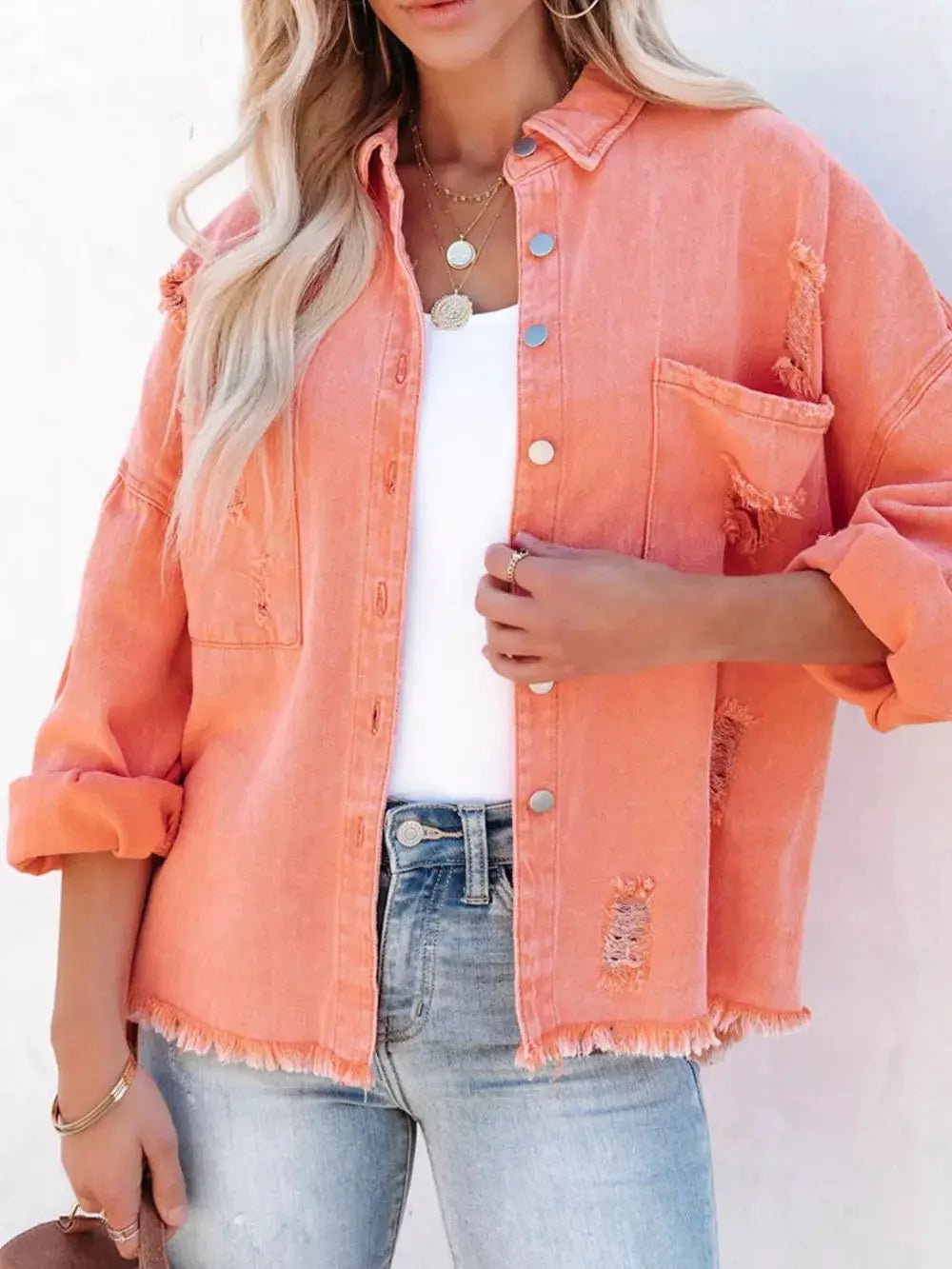 Raw Hem Denim Shacket Button Up With Distressed Details And Pockets - Fritsch & Co.