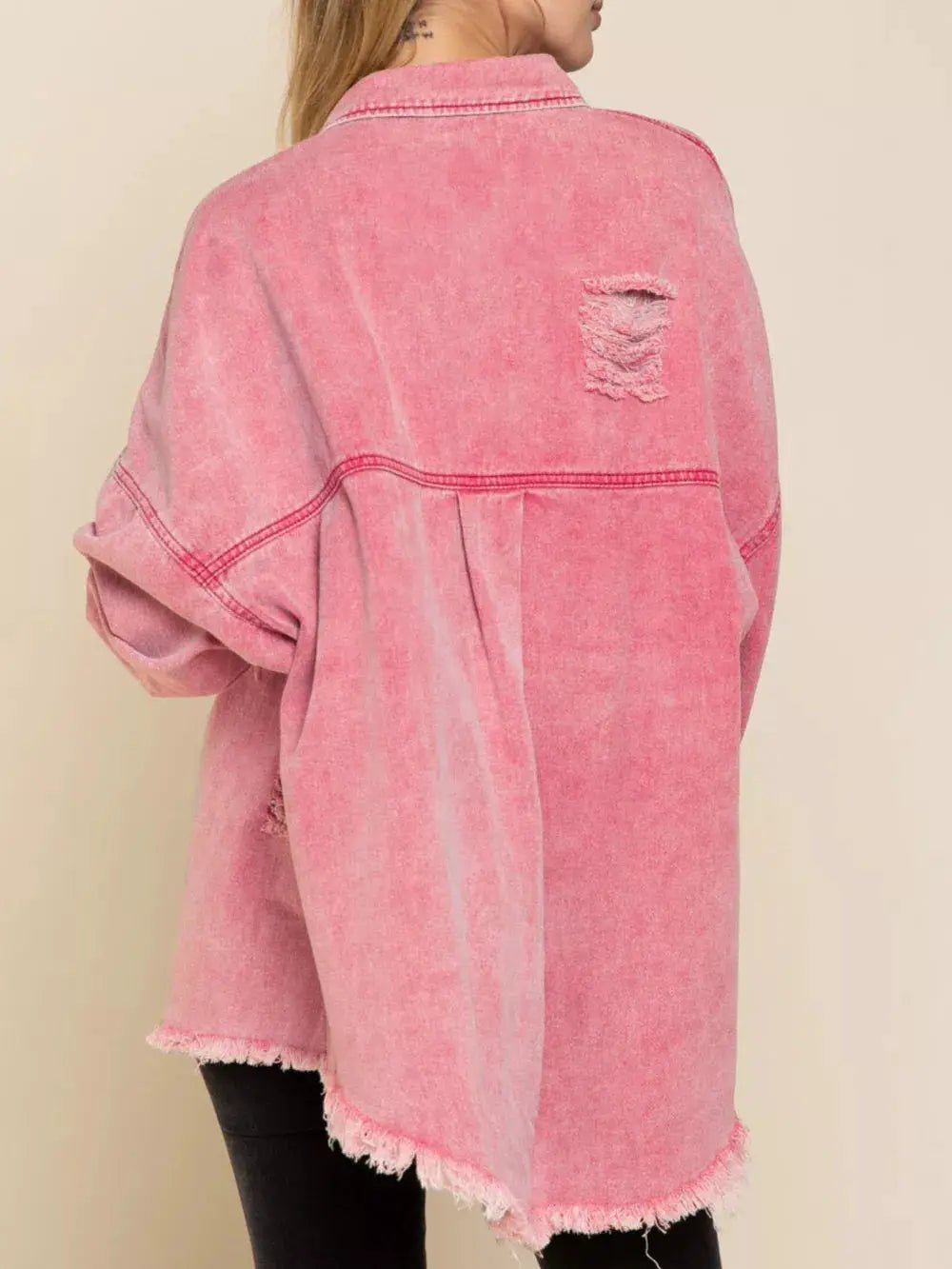 Raw Hem Denim Shacket Button Up With Distressed Details And Pockets - Fritsch & Co.
