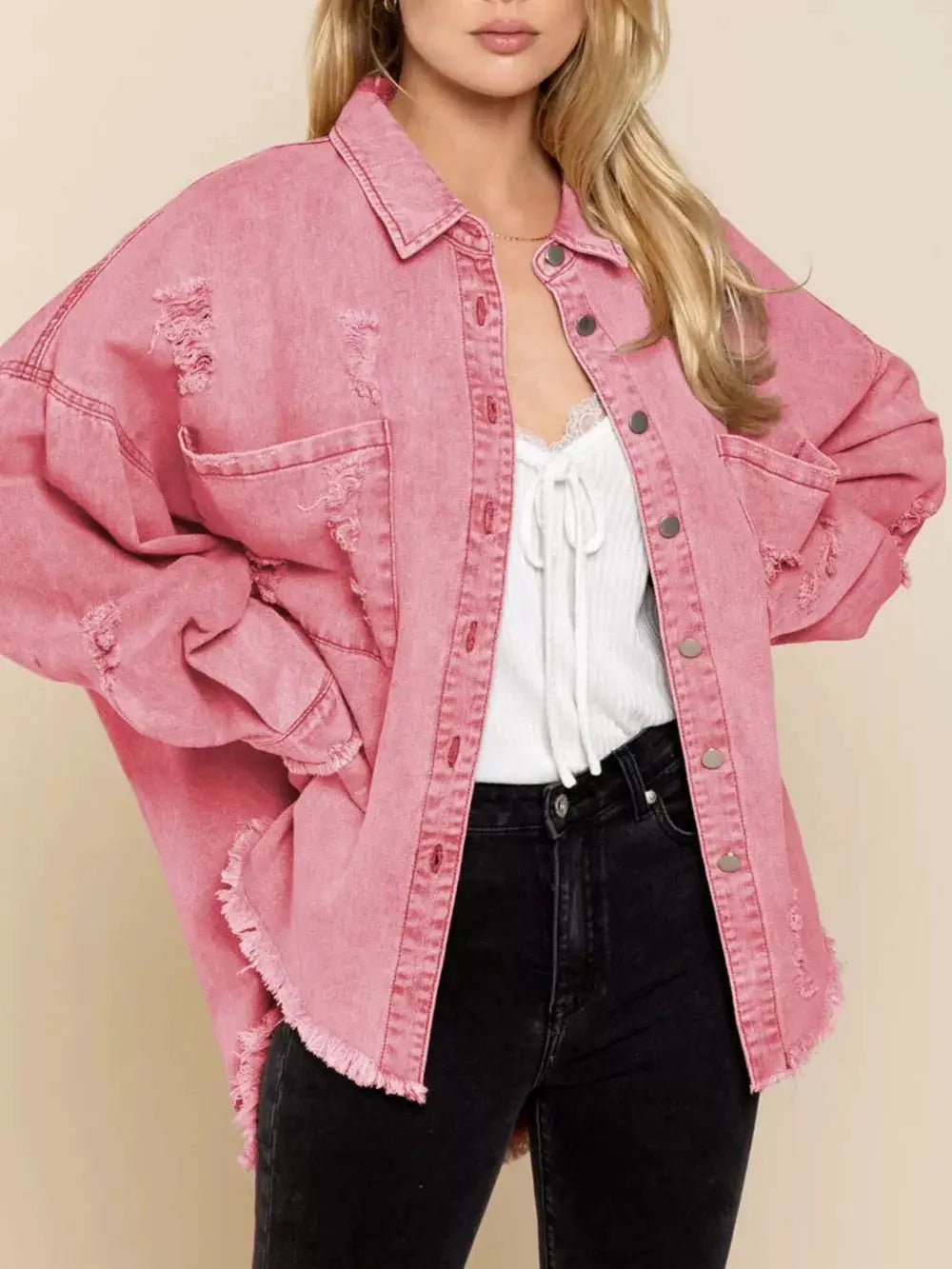 Raw Hem Denim Shacket Button Up With Distressed Details And Pockets - Fritsch & Co.
