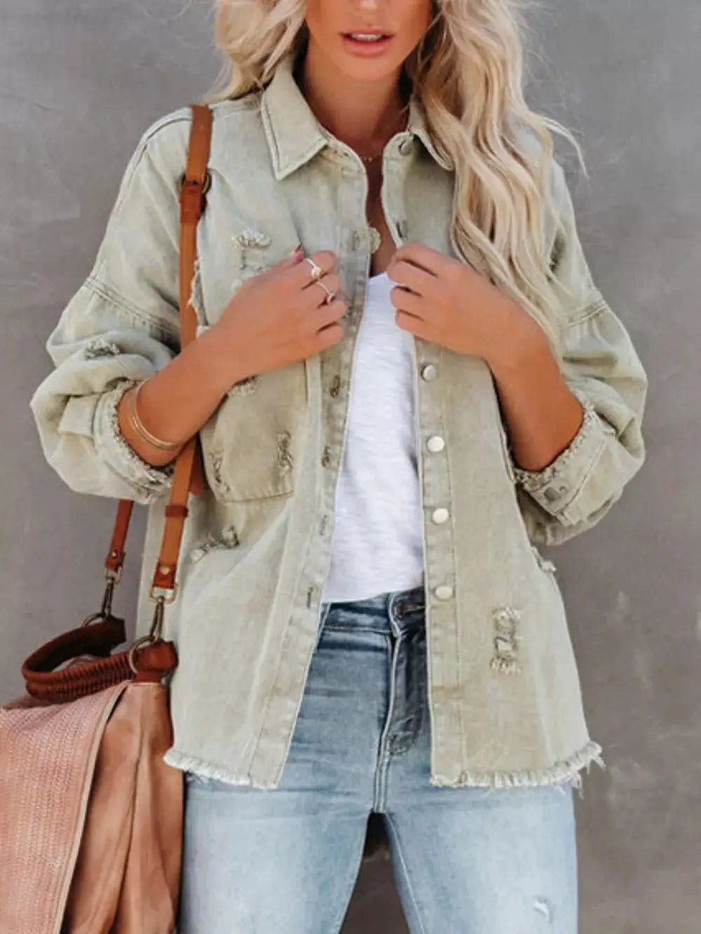 Raw Hem Denim Shacket Button Up With Distressed Details And Pockets - Fritsch & Co.