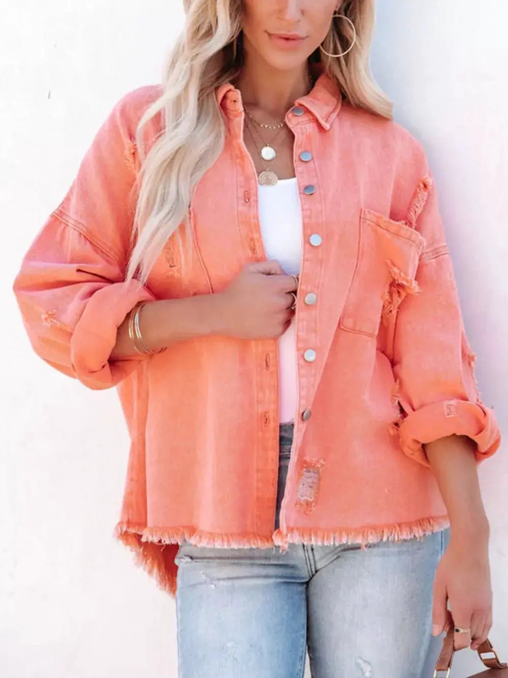 Raw Hem Denim Shacket Button Up With Distressed Details And Pockets - Fritsch & Co.
