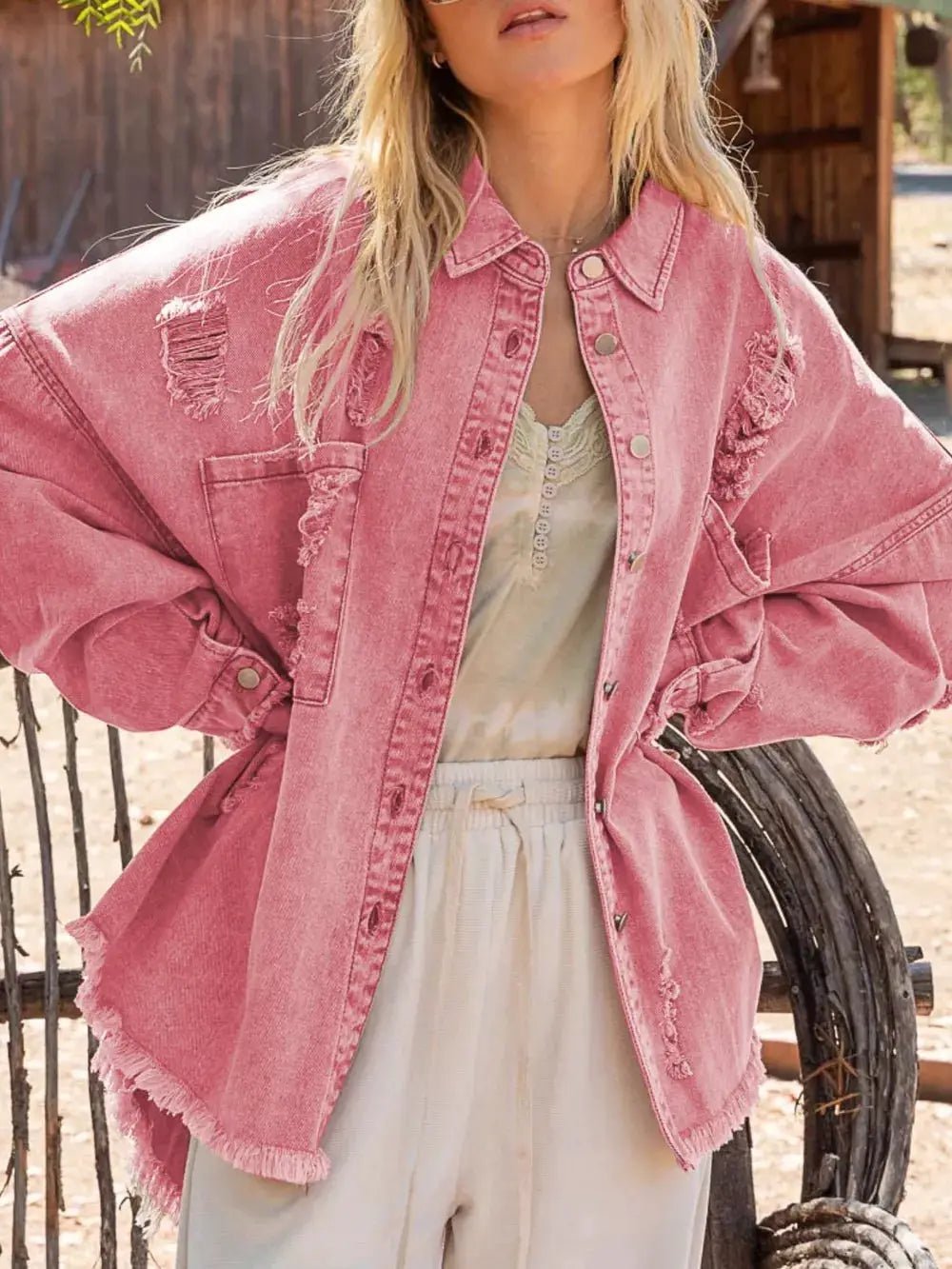 Raw Hem Denim Shacket Button Up With Distressed Details And Pockets - Fritsch & Co.